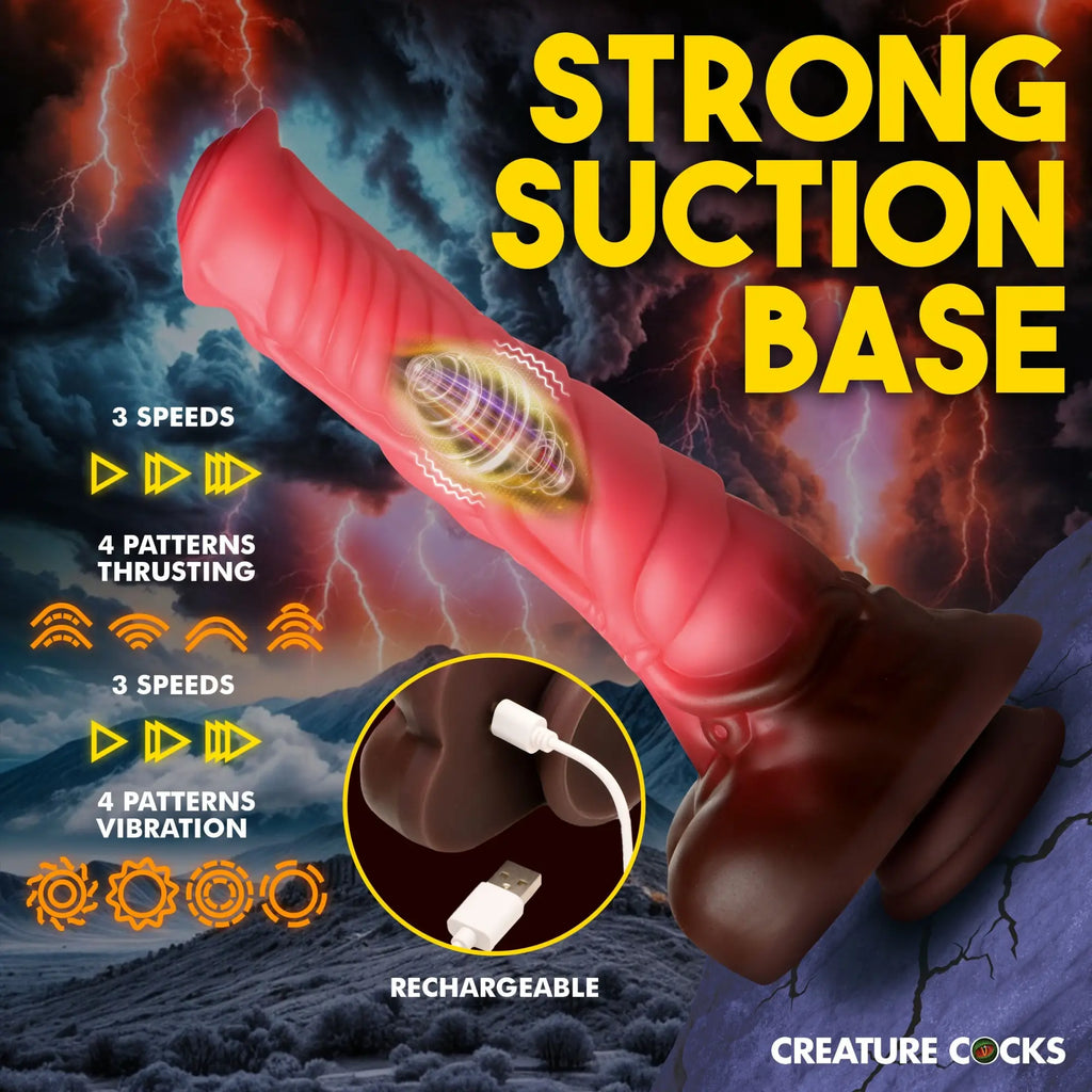 Red and brown Creature Cocks Deluxe Centaur dildo with a suction base, USB charging, and vibration/thrusting features.