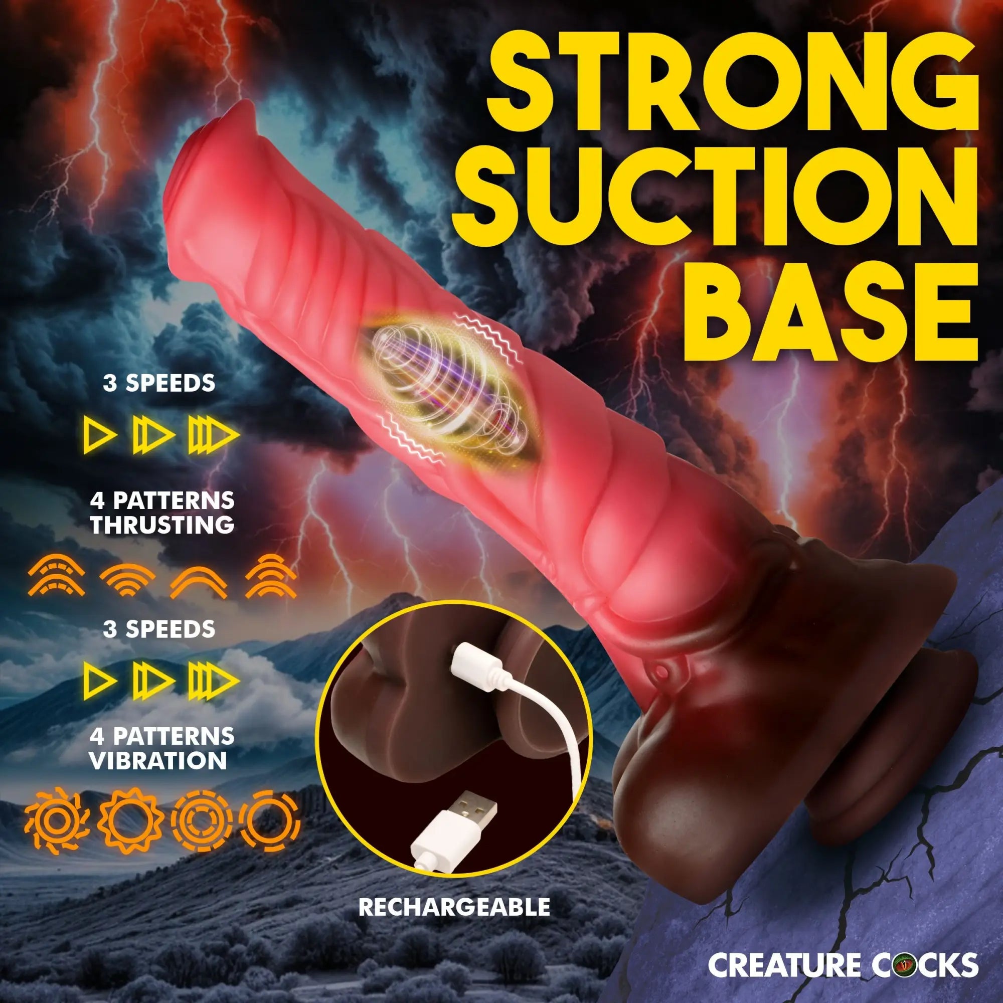 Red and brown Creature Cocks Deluxe Centaur dildo with a suction base, USB charging, and vibration/thrusting features.