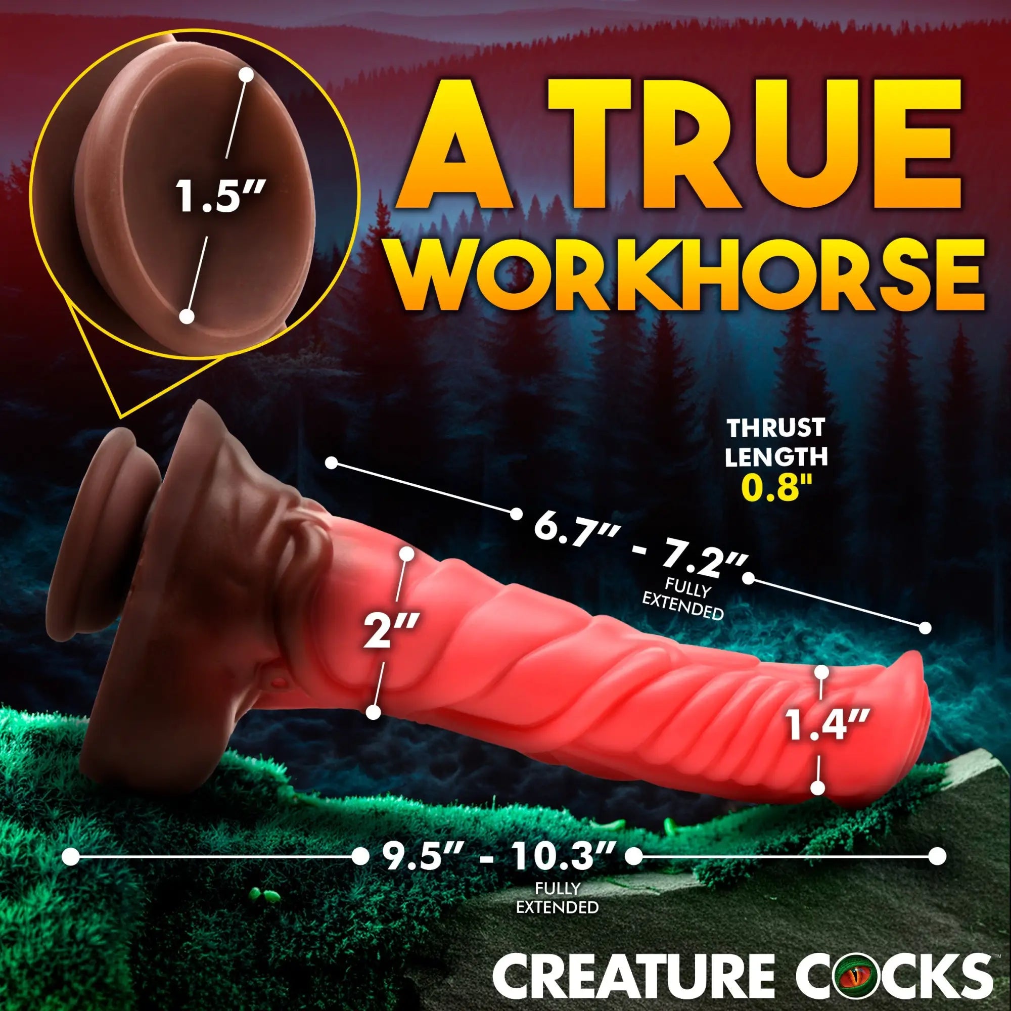Creature Cocks Deluxe Centaur dildo: a red, textured silicone toy with a brown base and detailed dimensions.