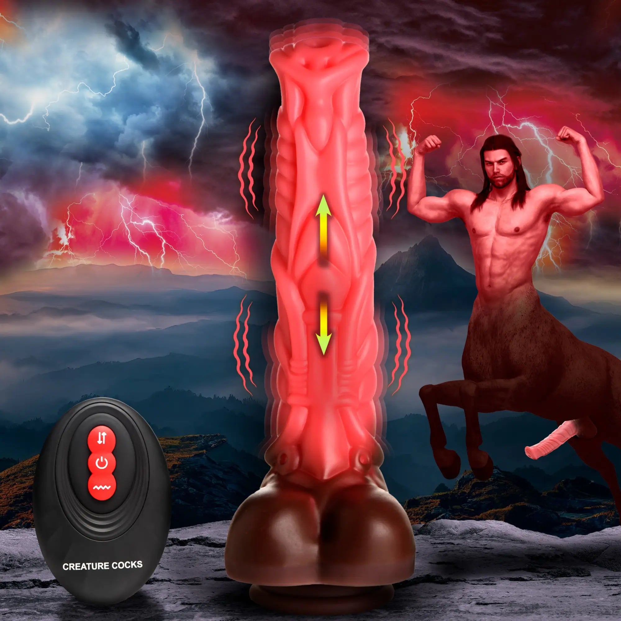 Creature Cocks Deluxe Centaur dildo: a red, textured silicone toy with a brown base, remote control, and fantasy art.