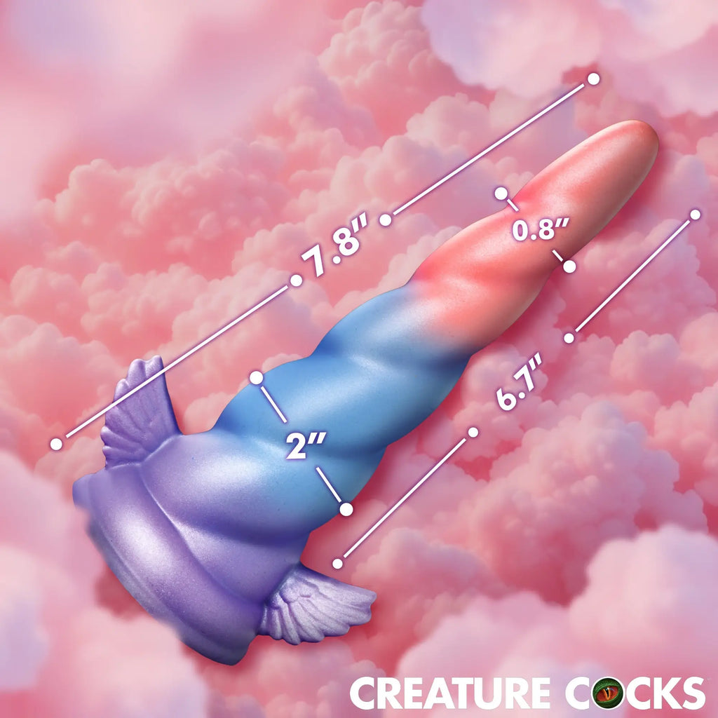 Creature Cocks Dream Rider: ombre purple, blue, and pink unicorn dildo with small wings, shown with size dimensions.
