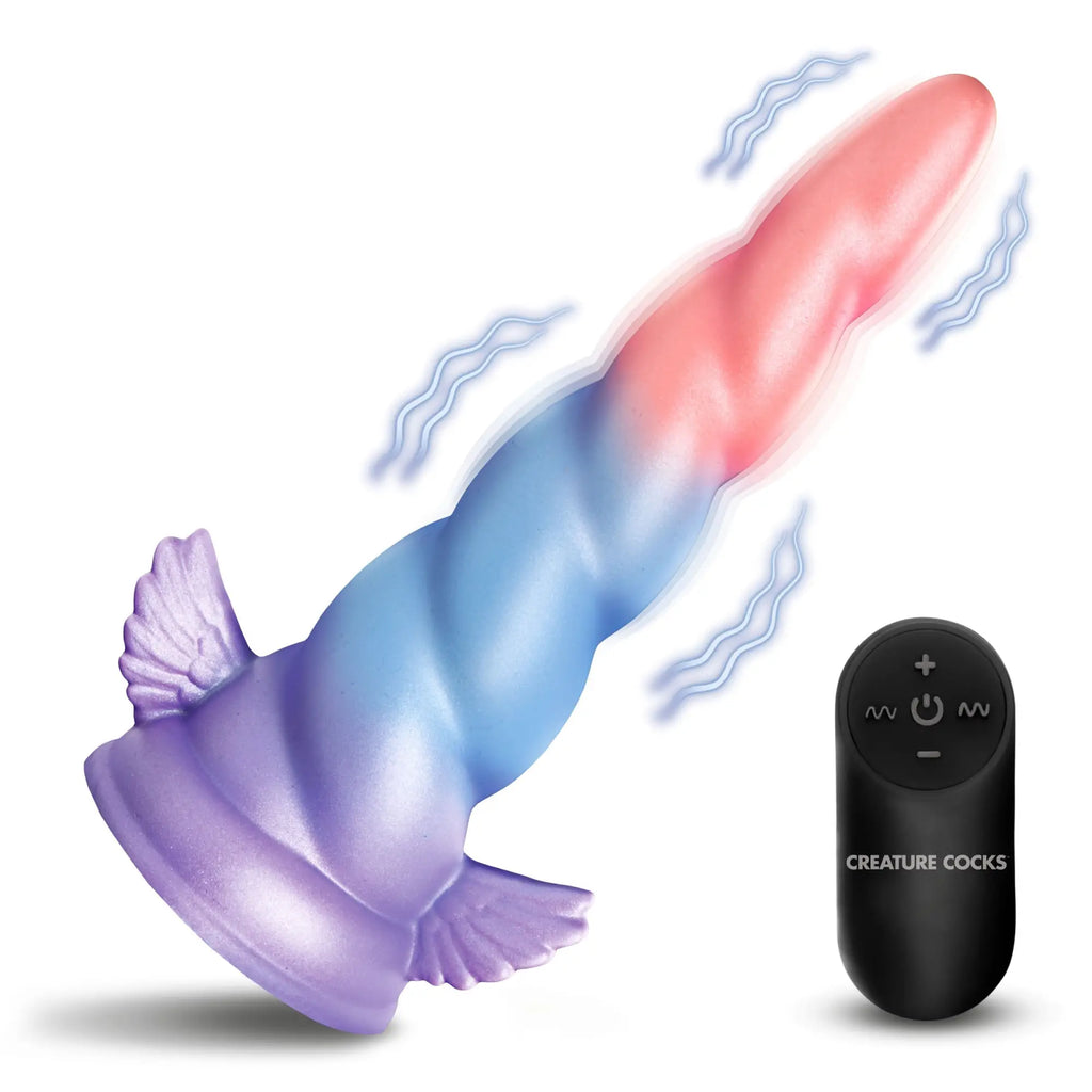 Creature Cocks Dream Rider vibrating silicone unicorn dildo in purple-to-pink gradient with wings and a remote control.