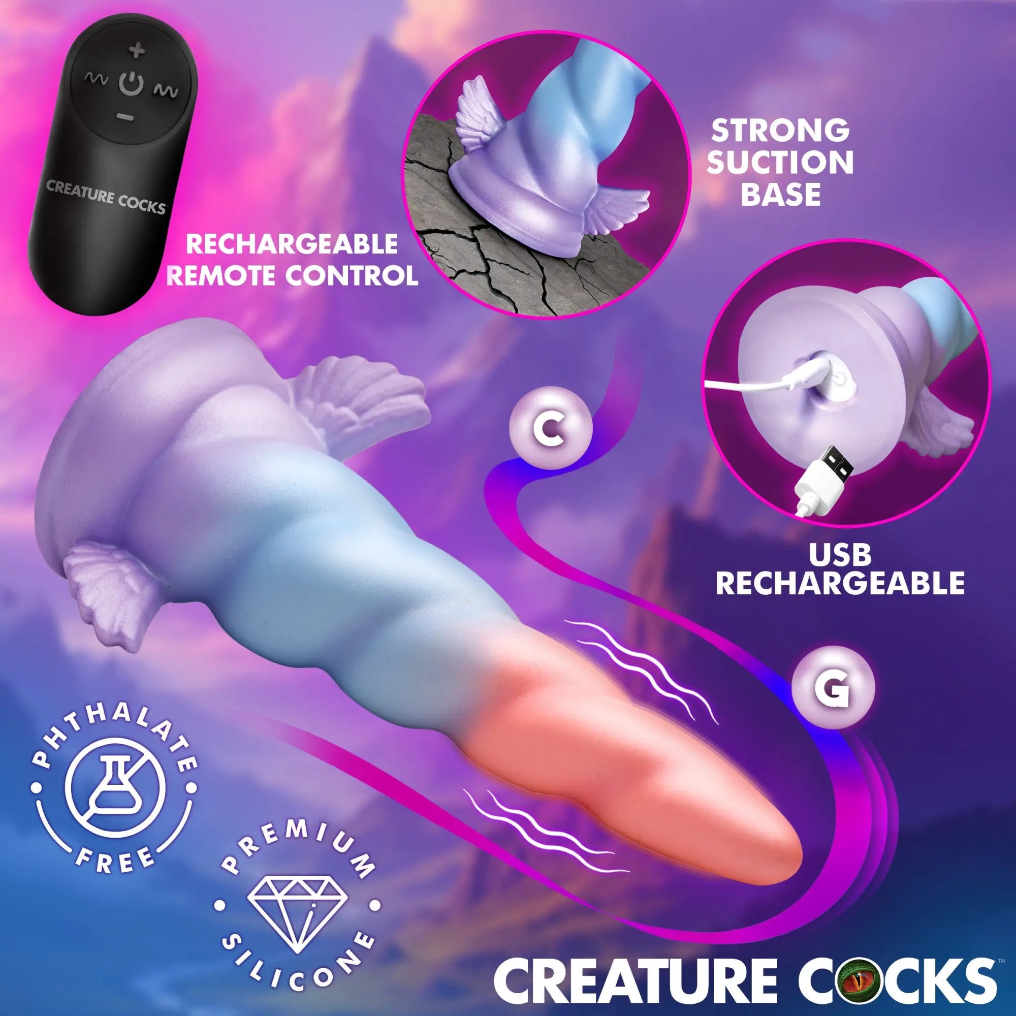 Creature Cocks Dream Rider vibrating silicone dildo in blue-to-pink gradient, with remote, suction base, and USB charging.