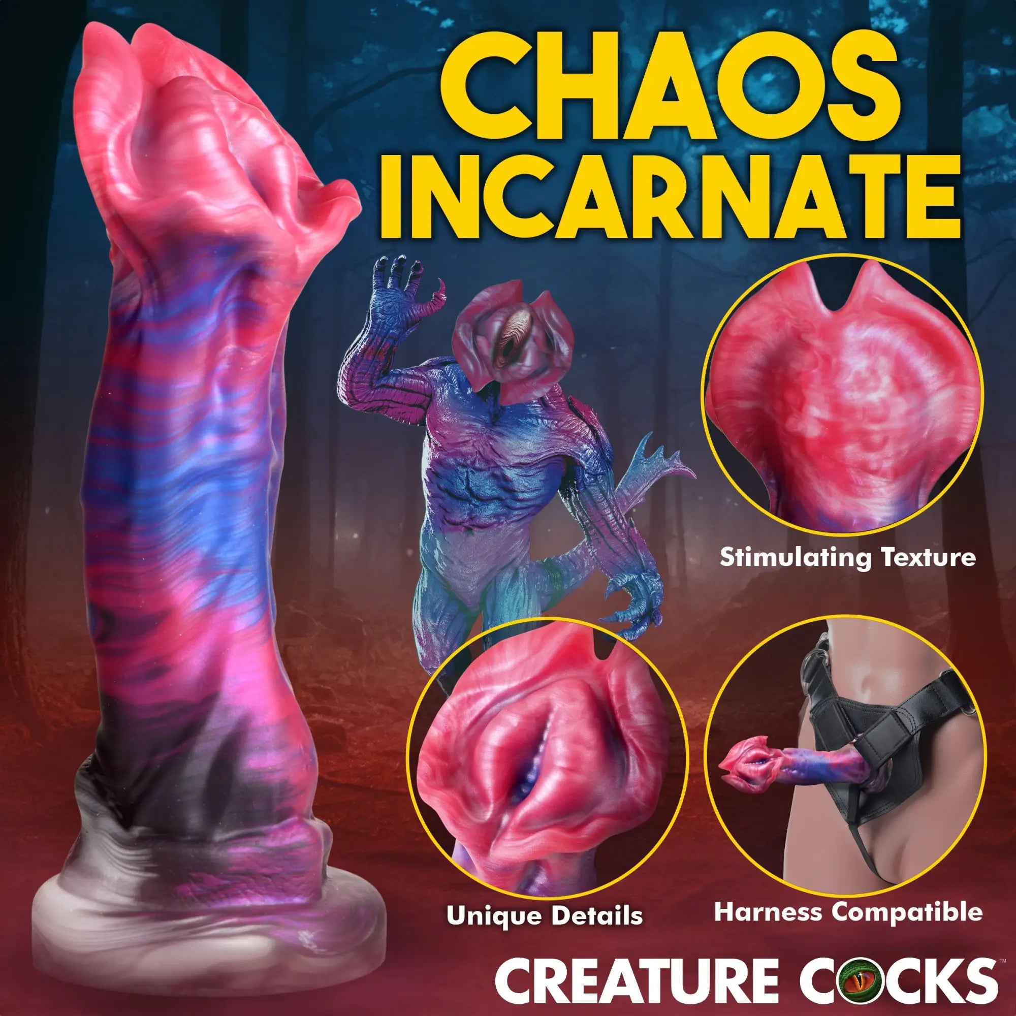 Creature Cocks Demogorgon silicone dildo in pink and blue swirl with detailed textured top and flared base.