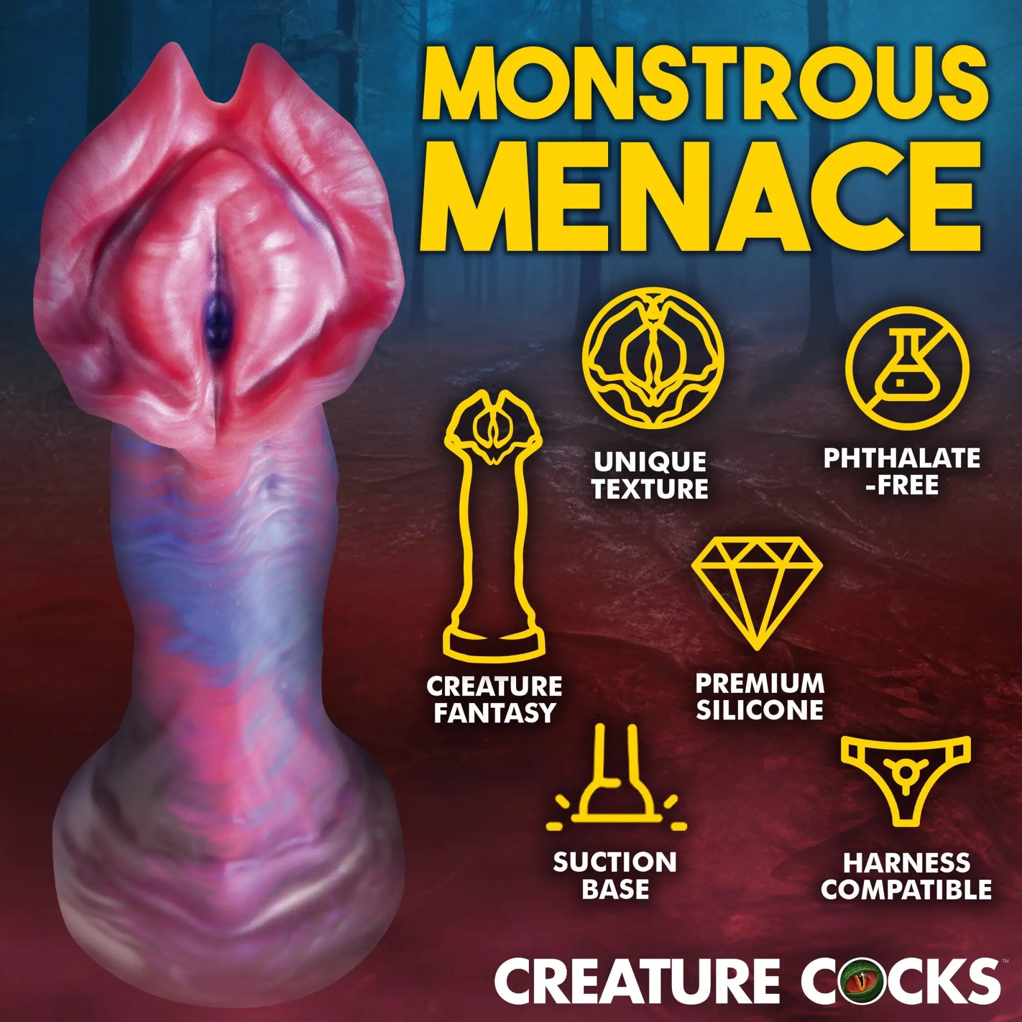 Creature Cocks Demogorgon pink and blue swirl silicone dildo with a unique, textured flower-like head and suction base.