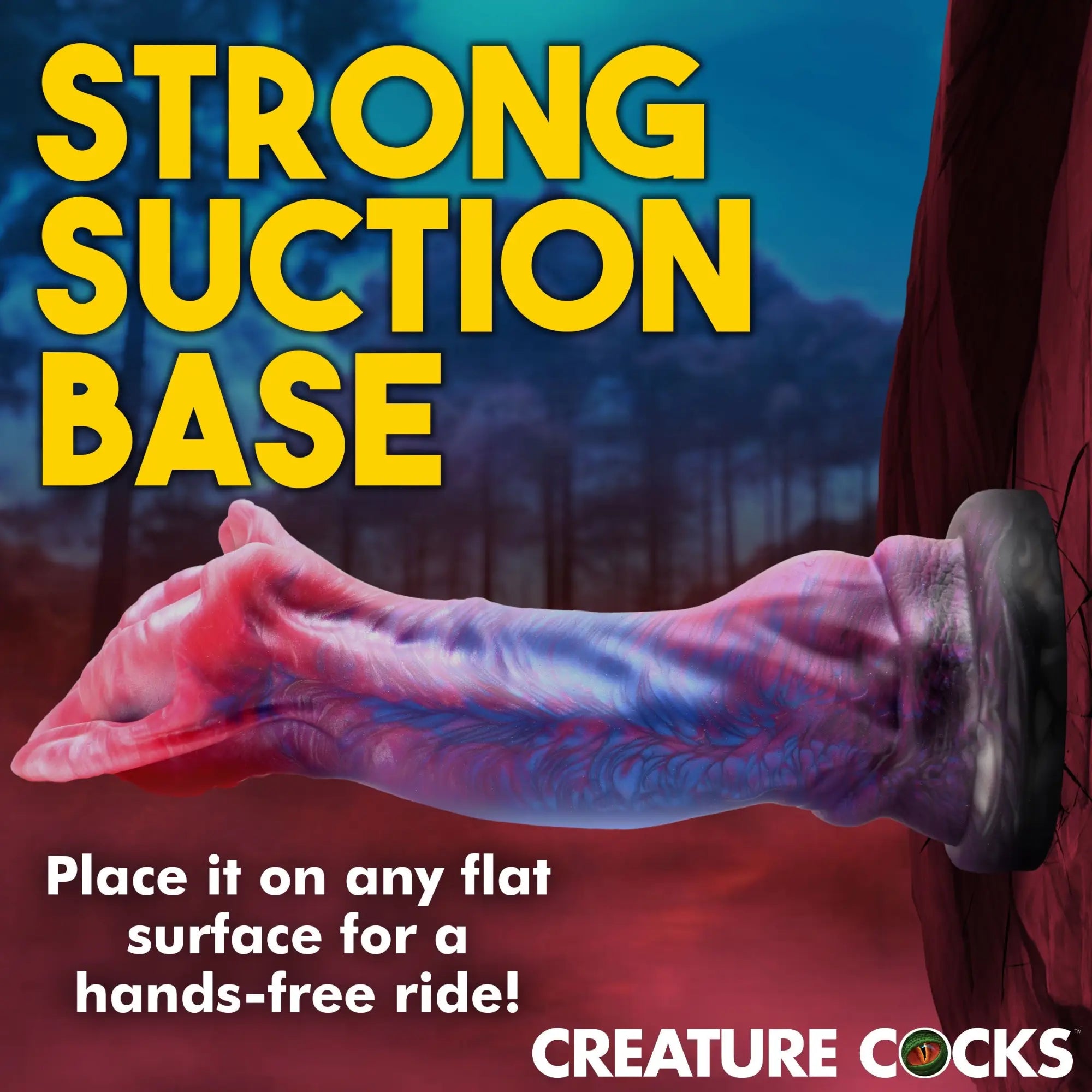 Creature Cocks Demogorgon silicone dildo in purple and pink with a dark suction base, set against a dark forest scene.