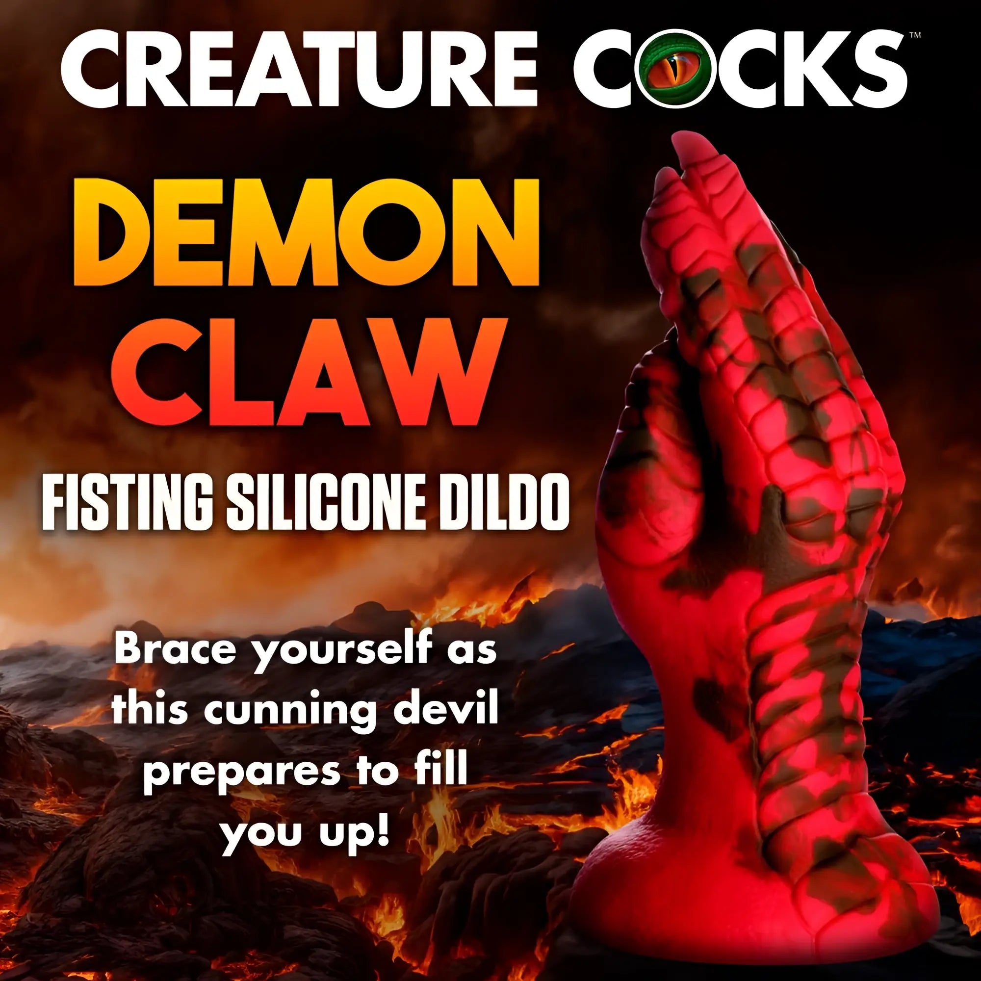 Creature Cocks Demon Claw: A red and black mottled silicone fisting dildo shaped like a monstrous clawed hand.