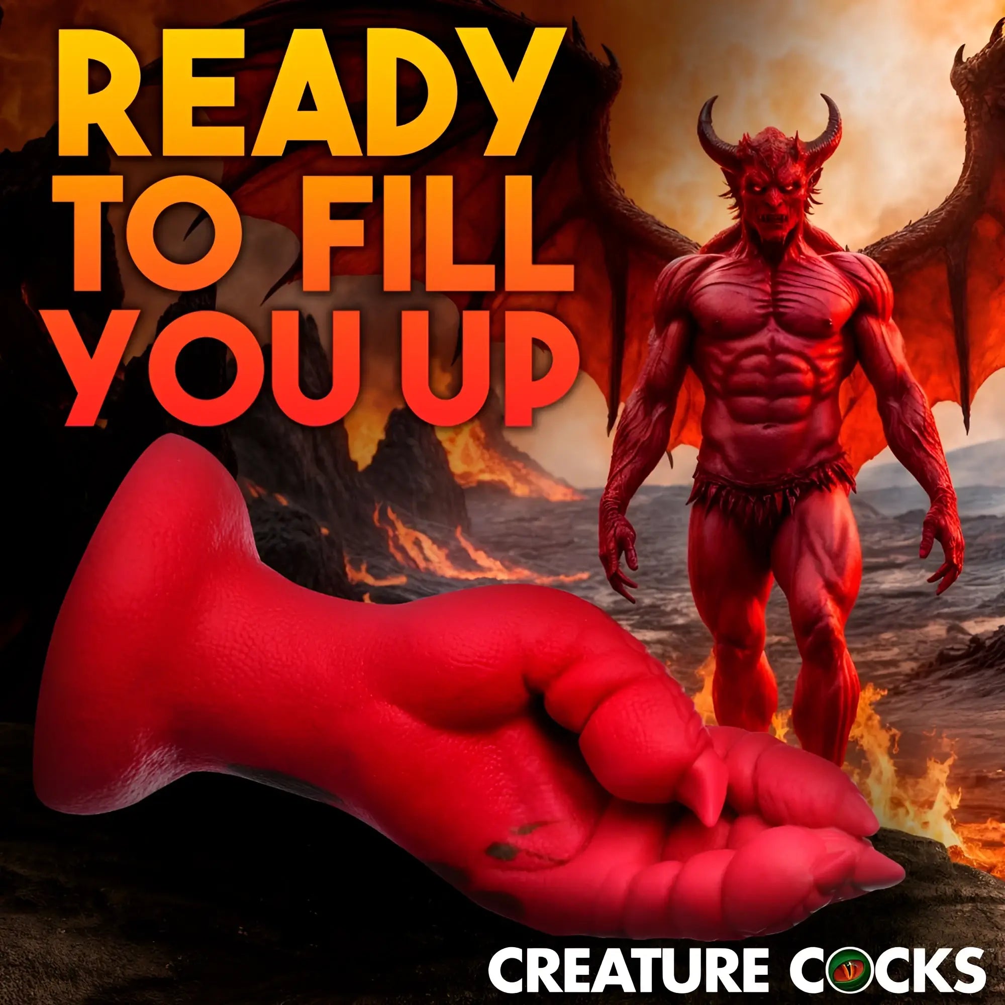 Red Creature Cocks Demon Claw fisting silicone dildo shown in front of a fiery background with a red horned demon.
