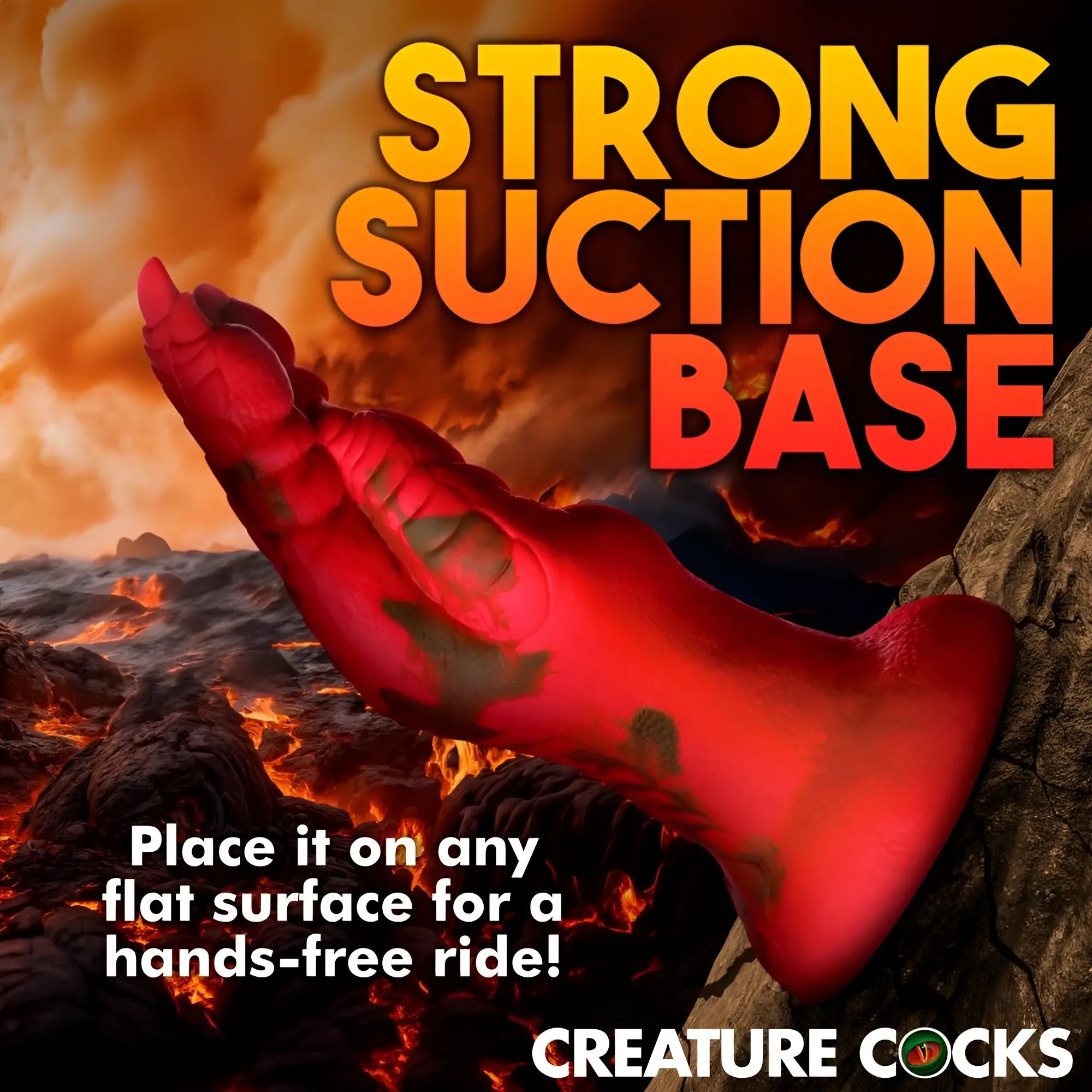 Creature Cocks Demon Claw fisting dildo in translucent red silicone against a volcanic background with suction base.