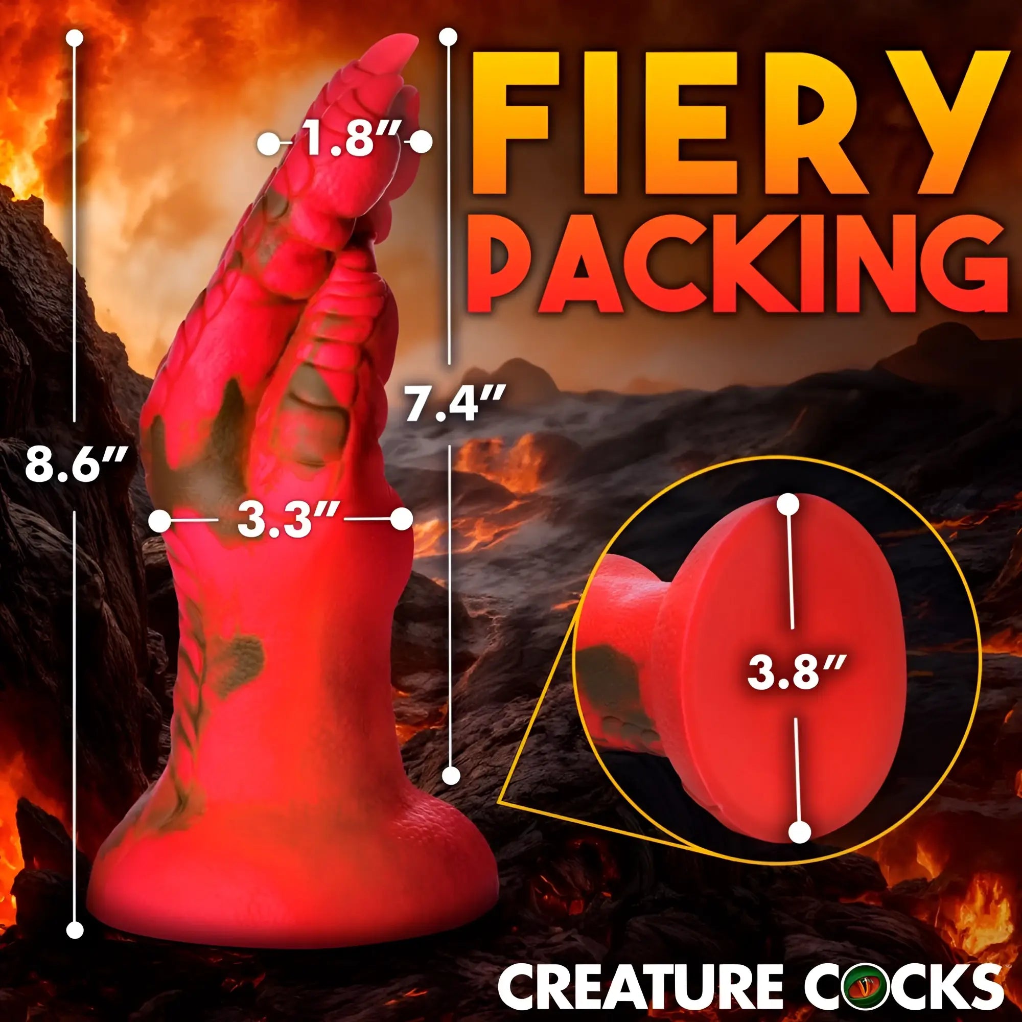 Creature Cocks Demon Claw fisting dildo in bright red with dark textured markings against a fiery volcanic background.