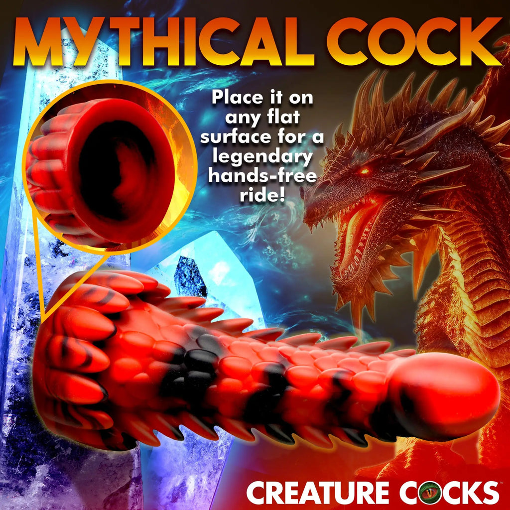 Creature Cocks Demon Rising silicone dildo in red and black with a scaly, dragon-inspired texture and suction base.