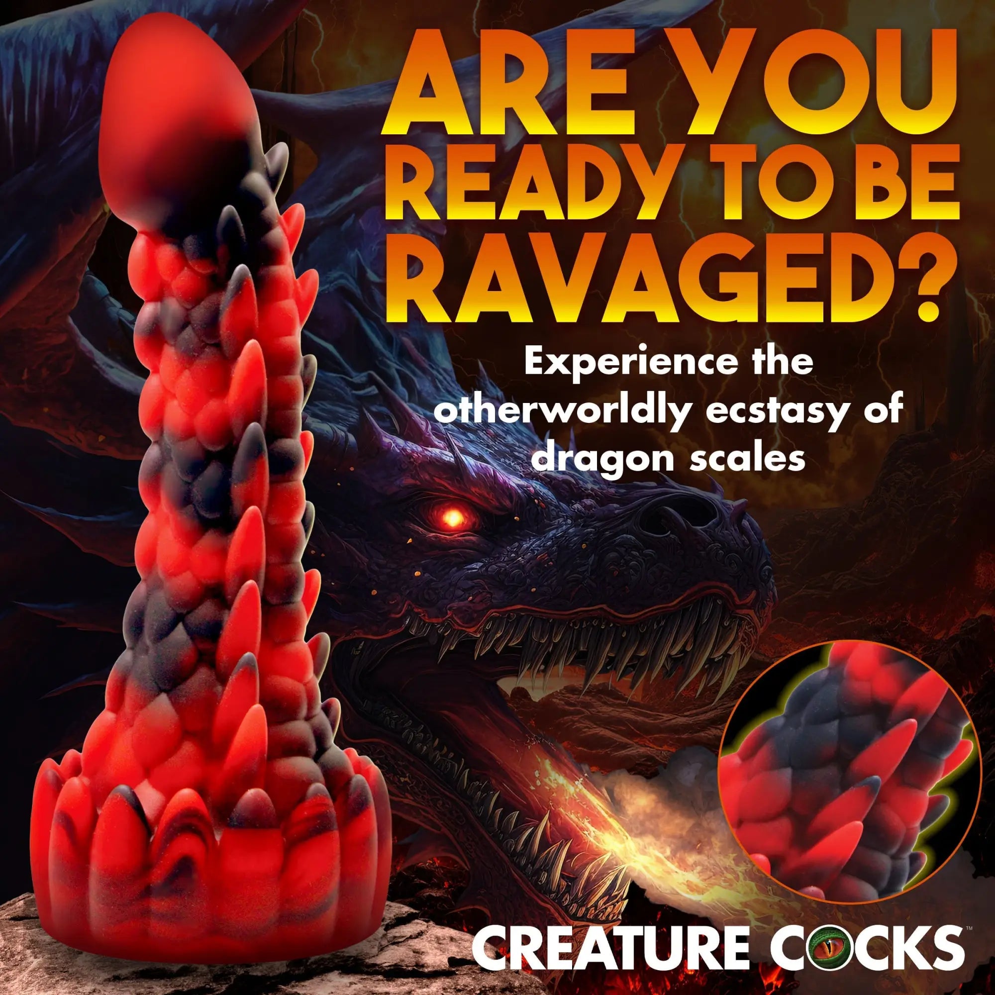 Creature Cocks Demon Rising silicone dildo in black and red with textured dragon scale detailing against dragon art.