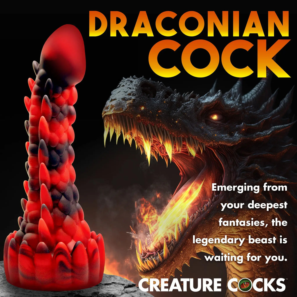 Creature Cocks Demon Rising silicone dildo in red and black with a scaly, textured, dragon-inspired design.