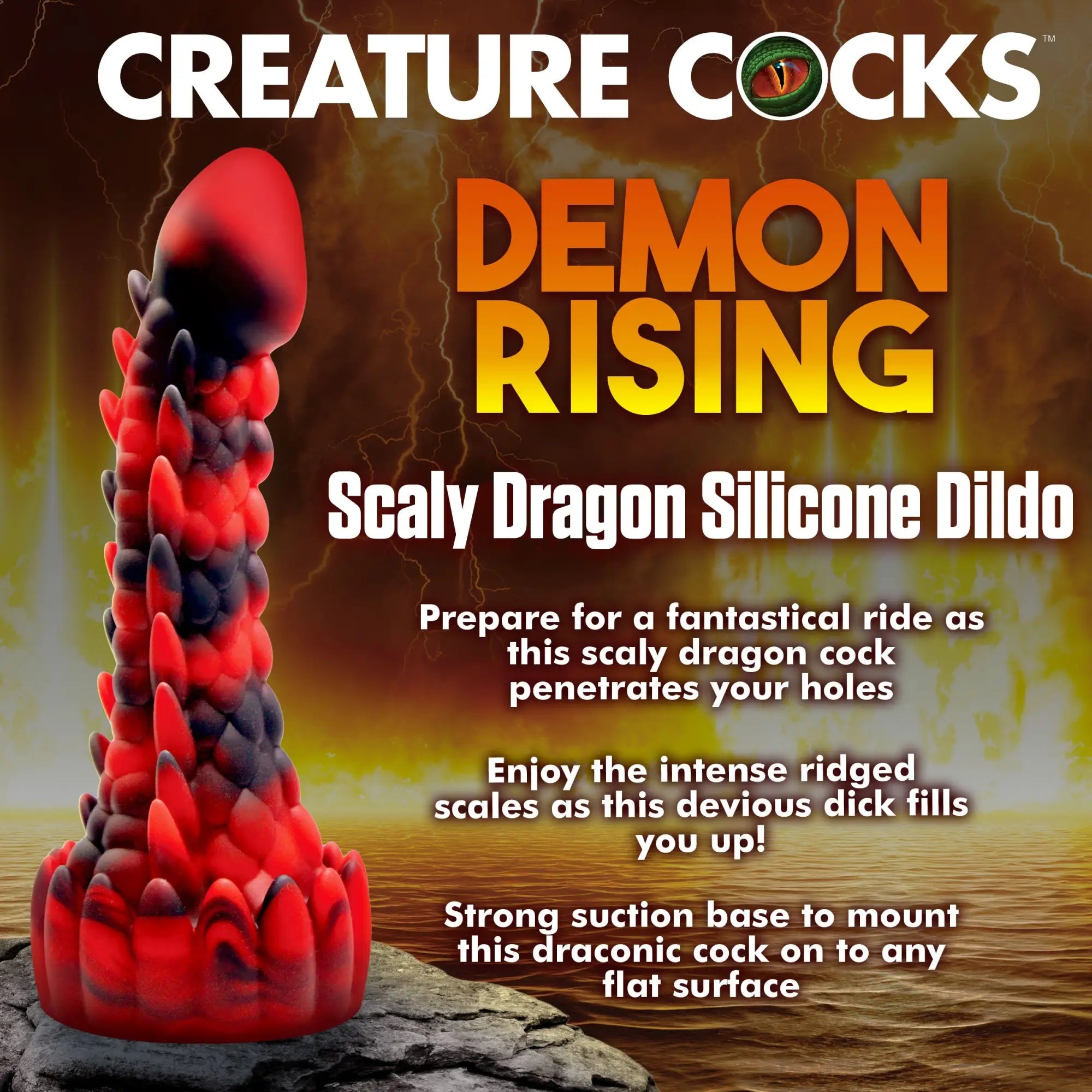 Creature Cocks Demon Rising red and black scaly silicone dragon dildo with a suction cup base, set against a stormy sky.