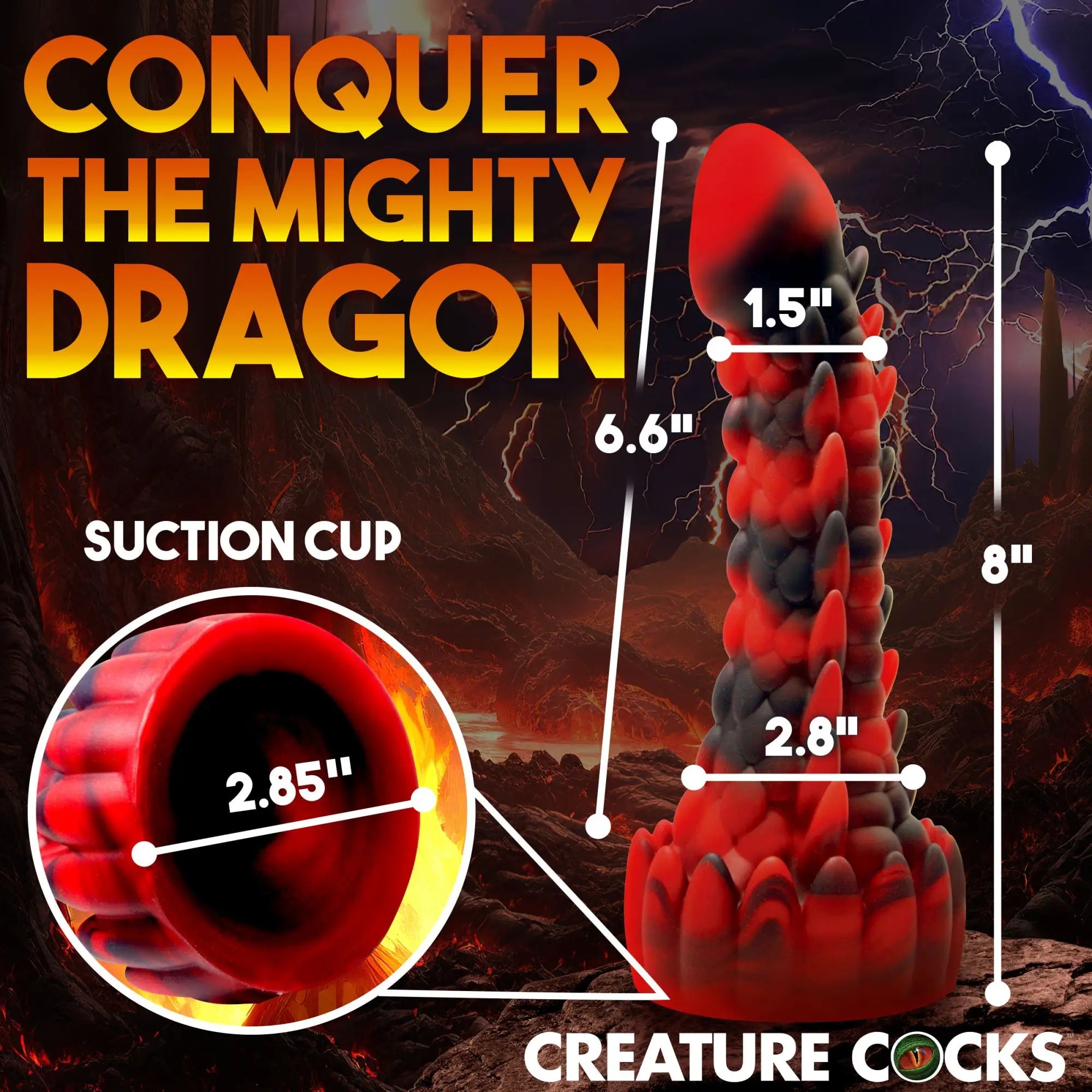 Creature Cocks Demon Rising silicone dildo in red and black with dragon scales, featuring a suction cup base and specs.