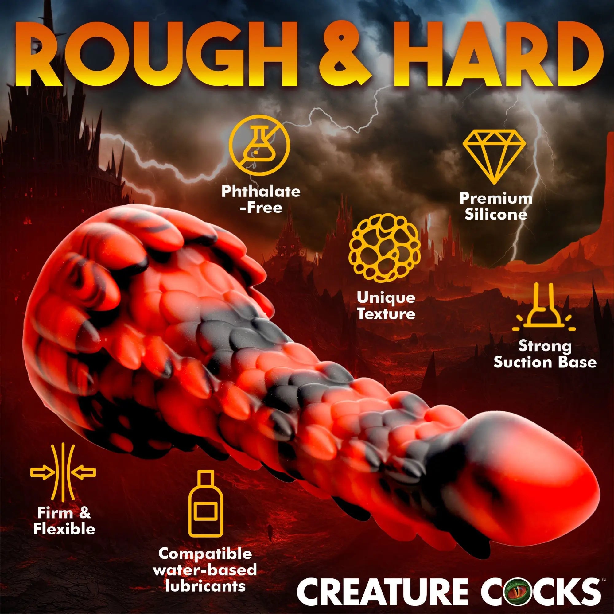 Creature Cocks Demon Rising silicone dildo in red and black with a scaly, textured dragon design against a dark storm.