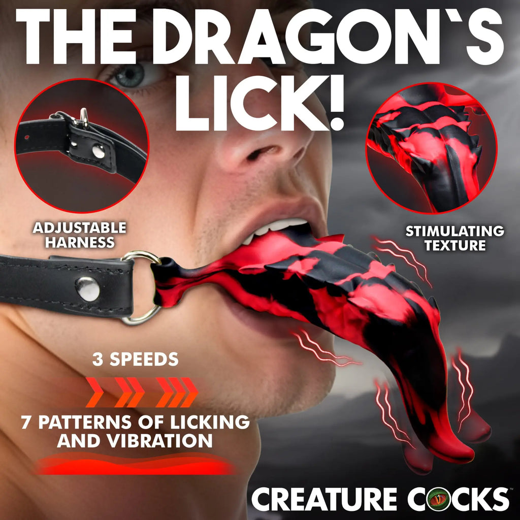 Creature Cocks Demon's Tongue: a vibrating, textured red and black tongue toy with an adjustable leather harness.
