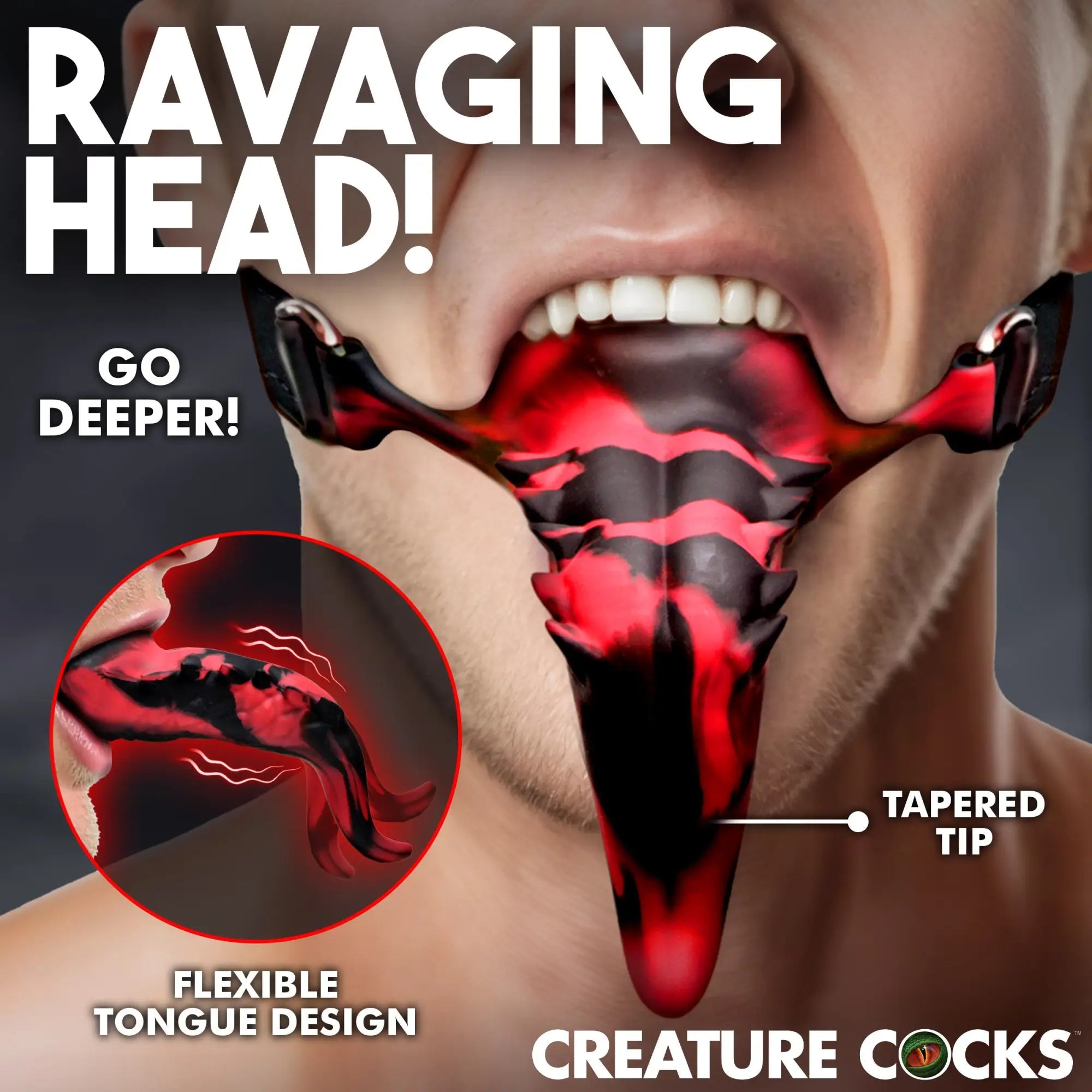 Creature Cocks Demon's Tongue: A red and black patterned oral enhancer worn in the mouth with a tapered, flexible design.