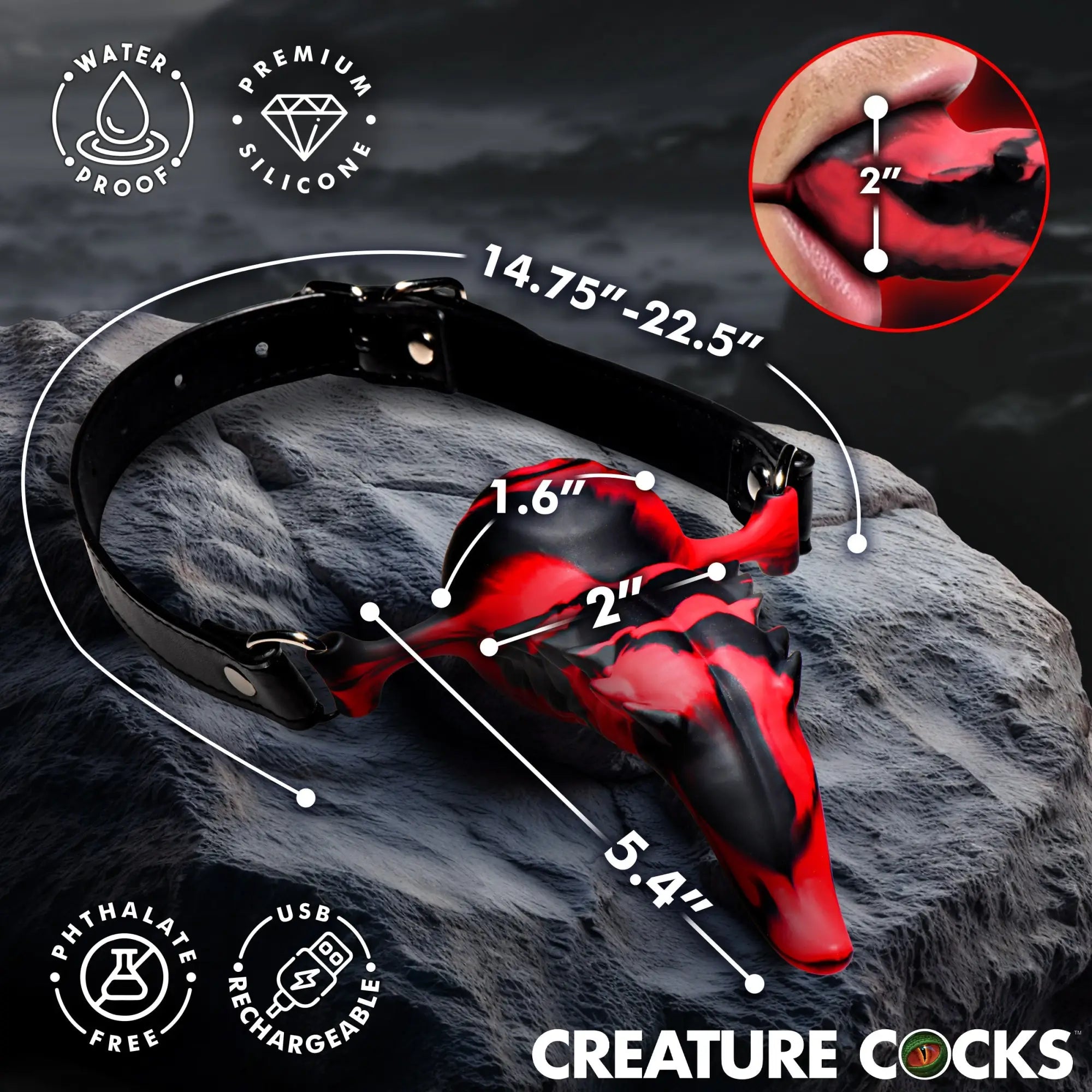 Creature Cocks Demon's Tongue vibrating oral enhancer, a red and black silicone tongue piece with a black collar strap.