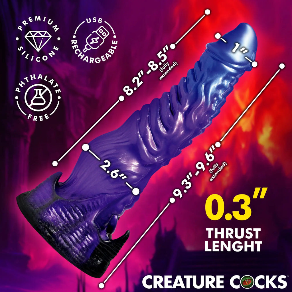 Creature Cocks Diabolos: A textured, purple, thrusting and vibrating silicone dildo with detailed dimensional specs.