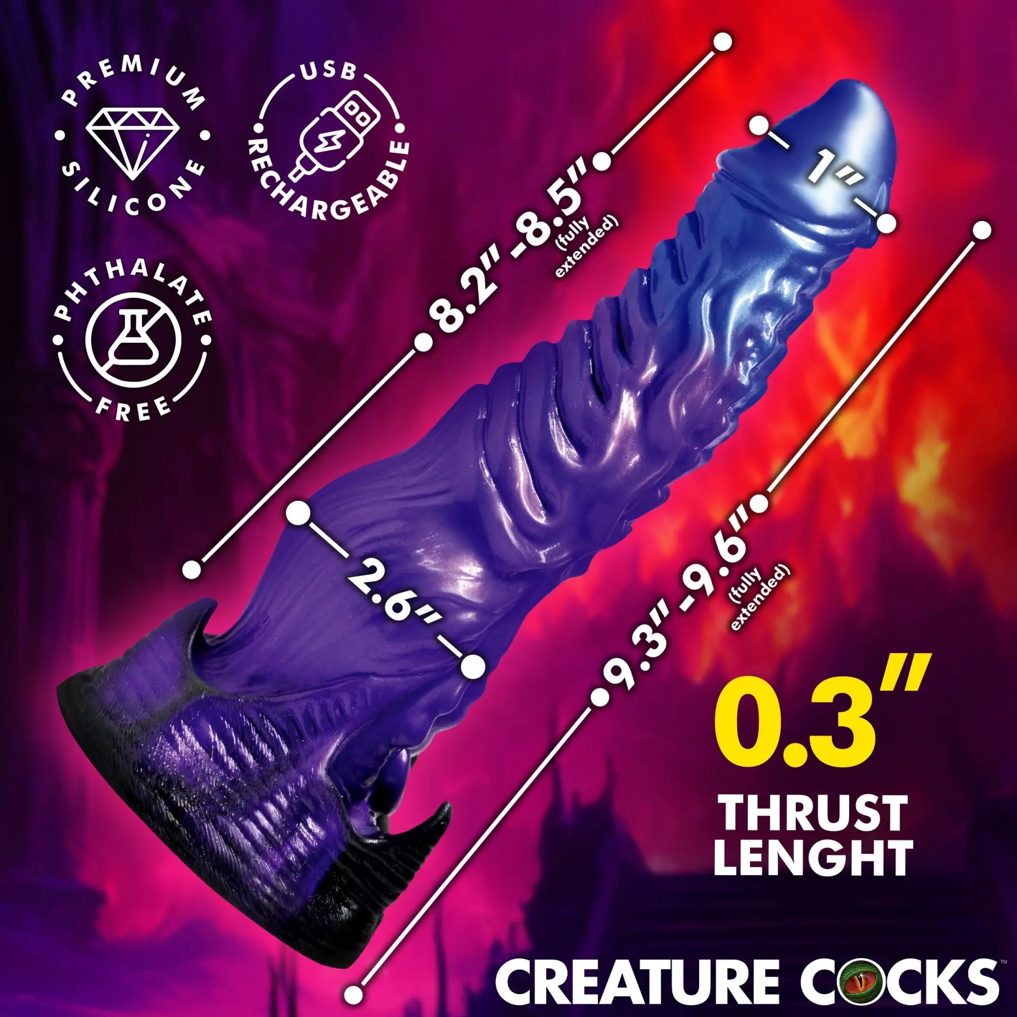 Creature Cocks Diabolos: A textured, purple, thrusting and vibrating silicone dildo with detailed dimensional specs.