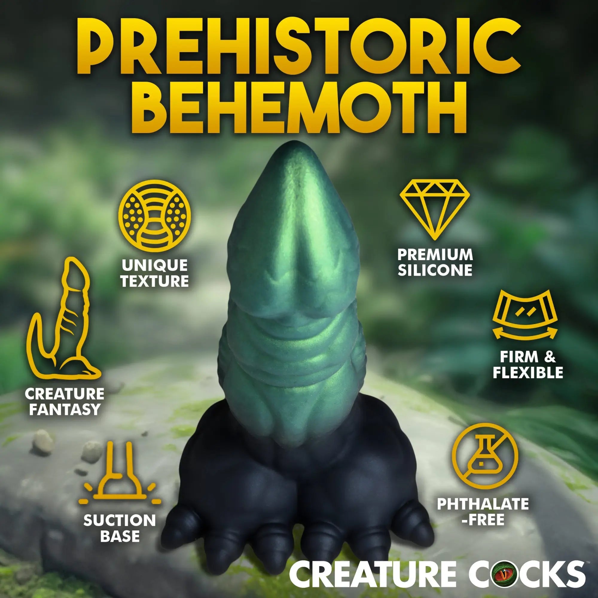 Creature Cocks Dickosaur, a green, textured dinosaur-themed silicone dildo on a black, clawed suction base.