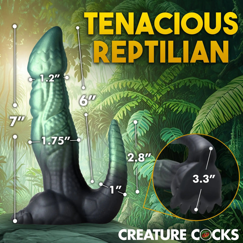 Creature Cocks Dickosaur silicone dildo in green and black with textured reptilian scales and measurement callouts.