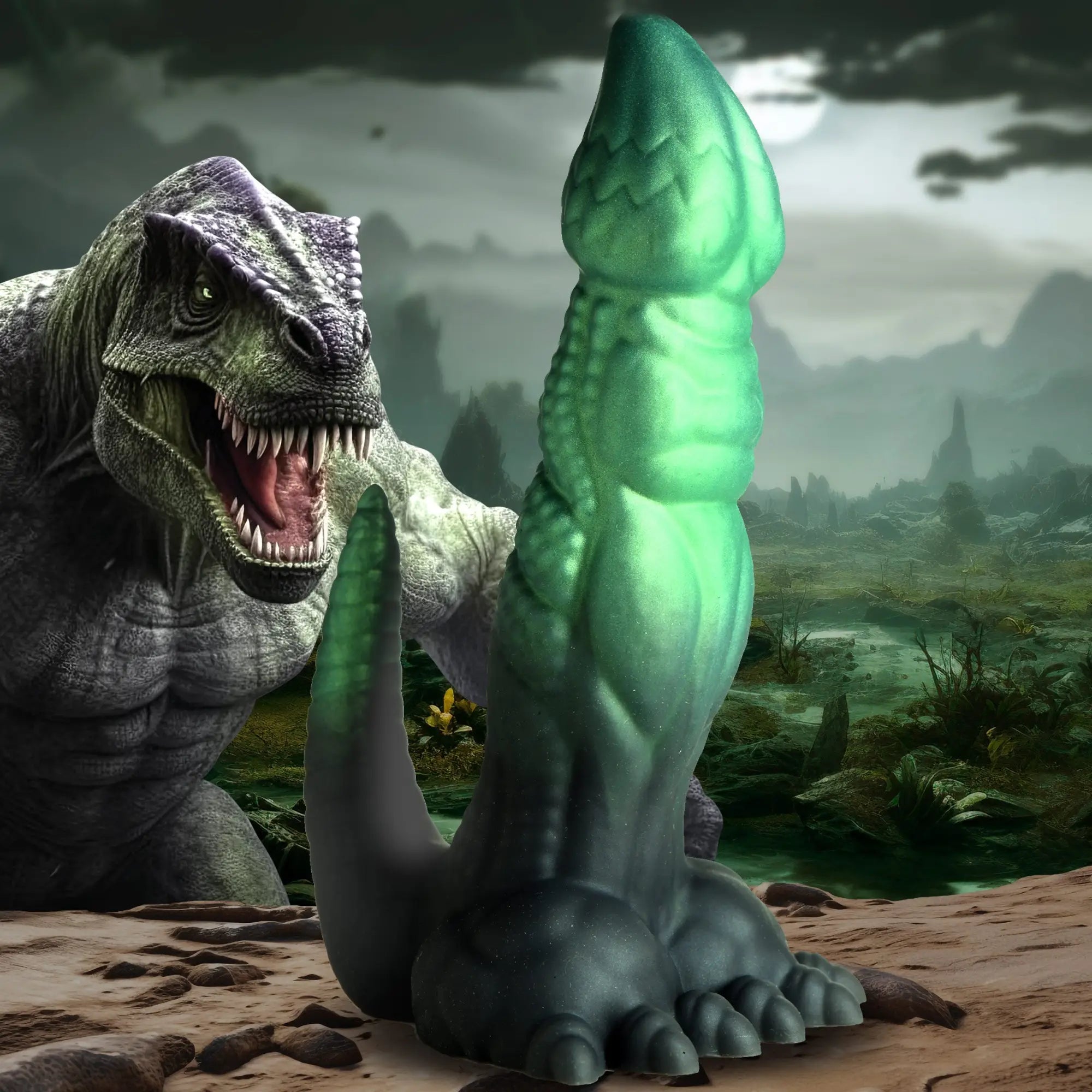 Creature Cocks Dickosaur dildo: a gradient green silicone dinosaur-themed toy set against a prehistoric landscape.
