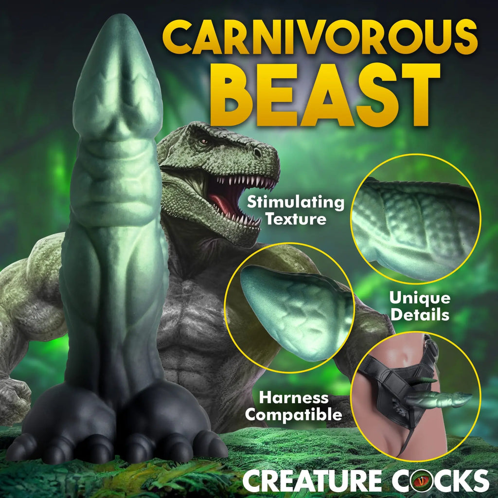 Creature Cocks Dickosaur dildo: metallic green, phallic dinosaur-shaped silicone toy with a dark base and claw accents.