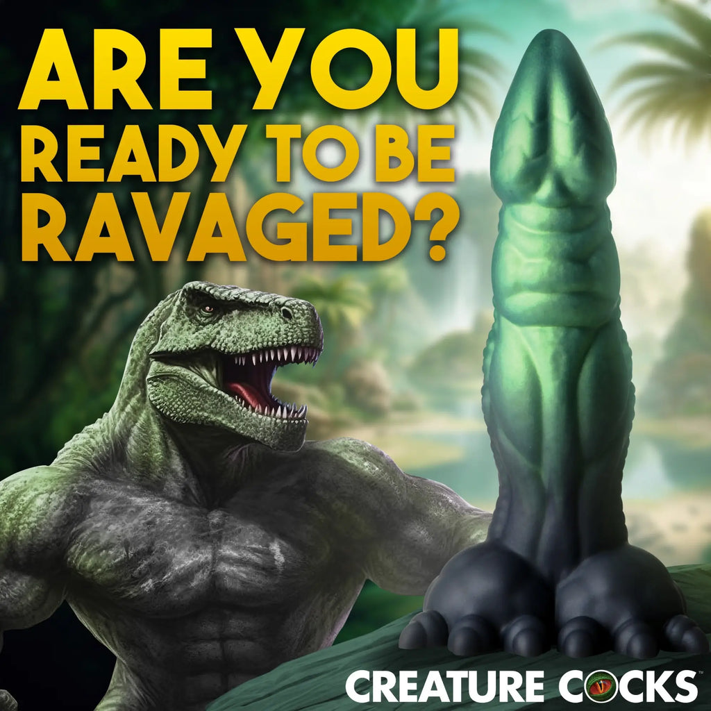 Creature Cocks Dickosaur, a green-to-black gradient dinosaur-themed silicone dildo, shown beside a muscular T-Rex.