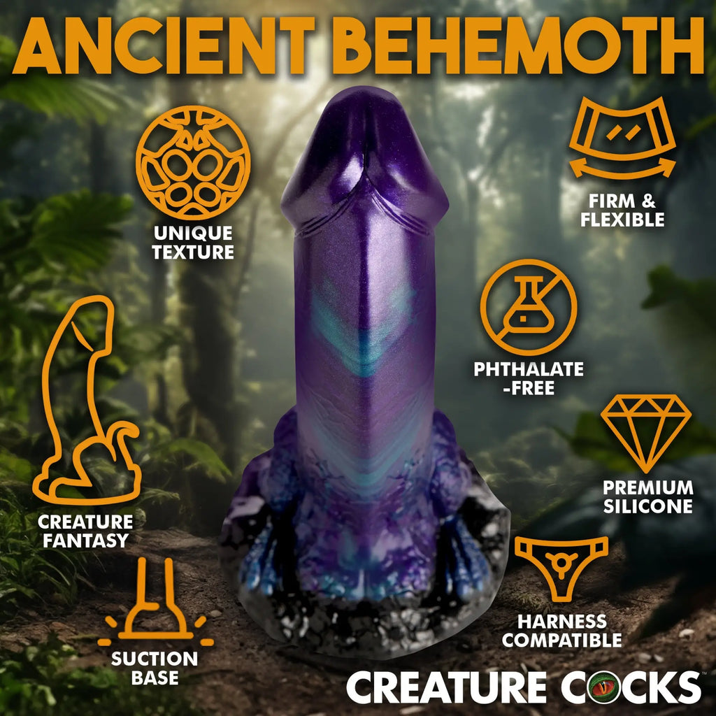 Creature Cocks Dino-Dick silicone dildo in shimmering purple and blue, displayed in a jungle setting with feature icons.