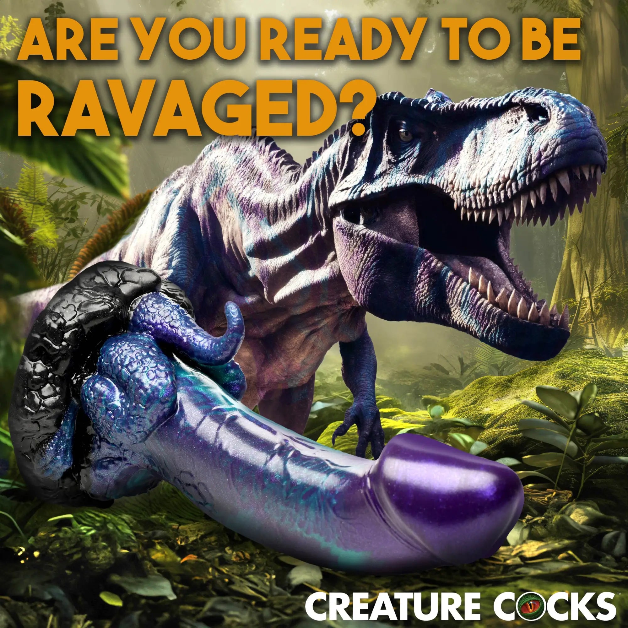Creature Cocks Dino-Dick silicone dildo in shimmering purple and black with textured base, featuring a T-Rex background.