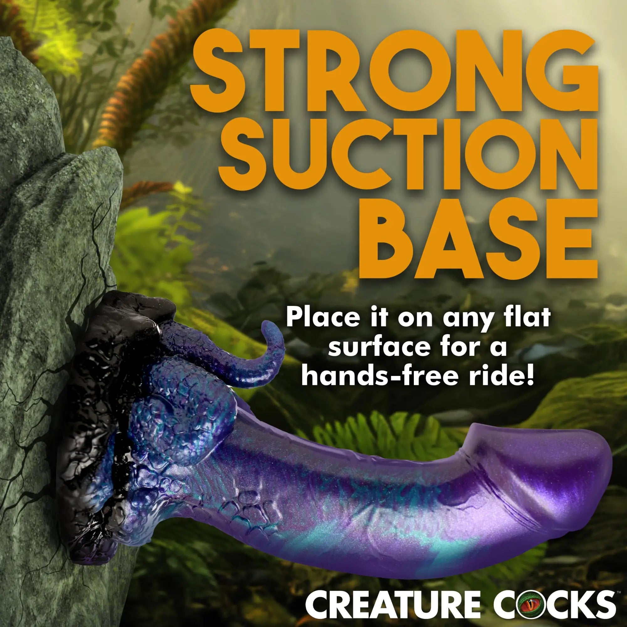 Creature Cocks Dino-Dick: A metallic purple and black, textured silicone dildo with a suction base on a rock background.