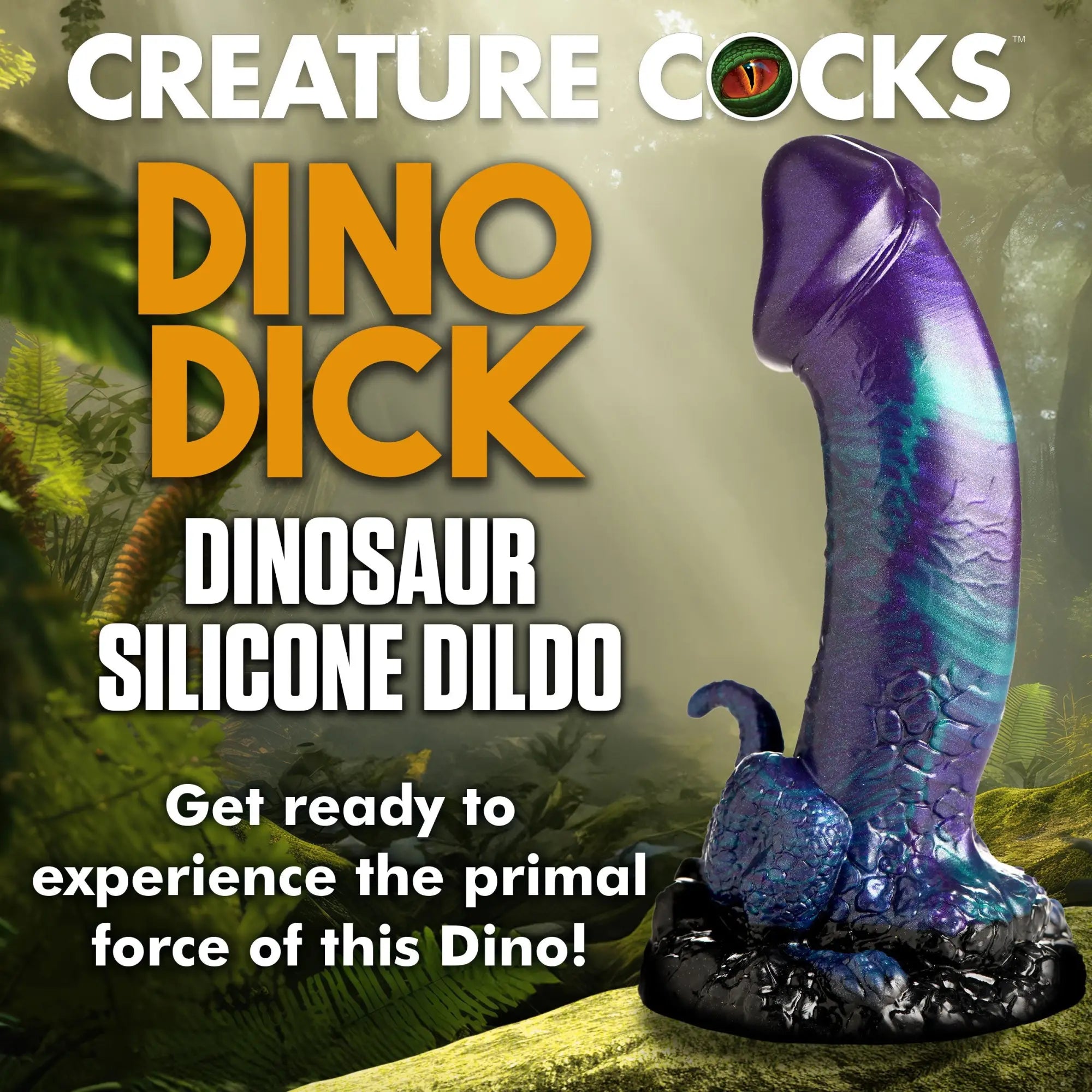Creature Cocks Dino-Dick silicone dildo in shimmering purple and teal with textured, reptilian scale details.