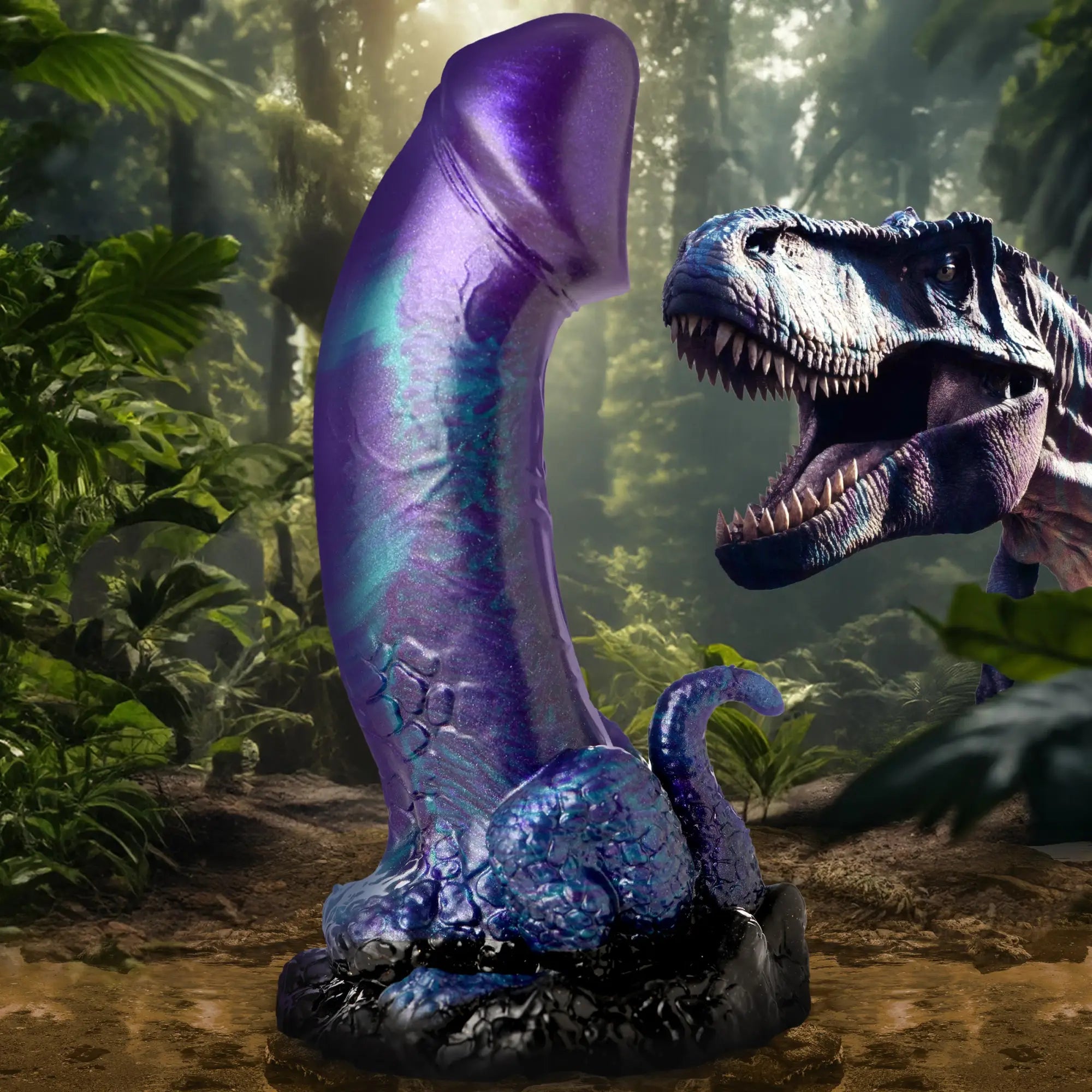 Creature Cocks Dino-Dick: A shimmering purple, textured silicone dildo in a jungle setting with a T-Rex background.