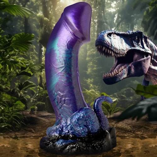 Creature Cocks Dino-Dick: A shimmering purple, textured silicone dildo in a jungle setting with a T-Rex background.