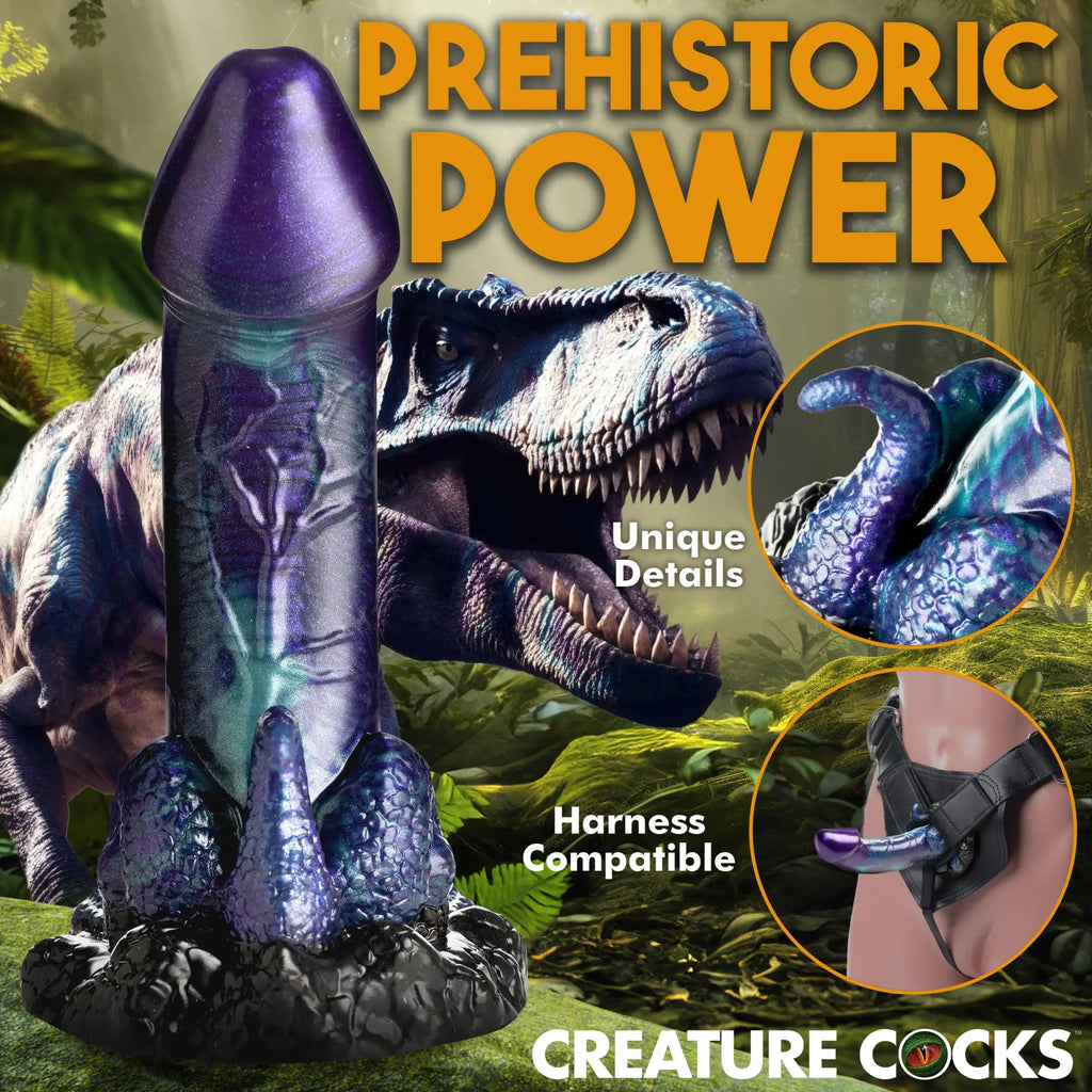 Creature Cocks Dino-Dick: A purple and teal, textured silicone dildo against a T-Rex background with harness details.
