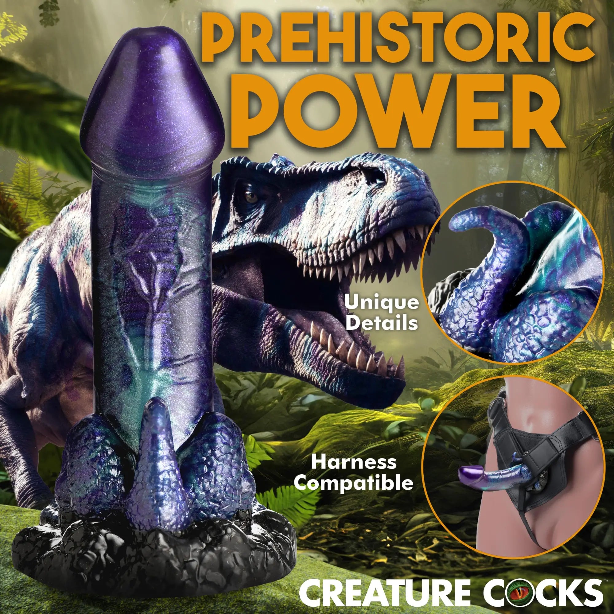 Creature Cocks Dino-Dick: A purple and teal, textured silicone dildo against a T-Rex background with harness details.