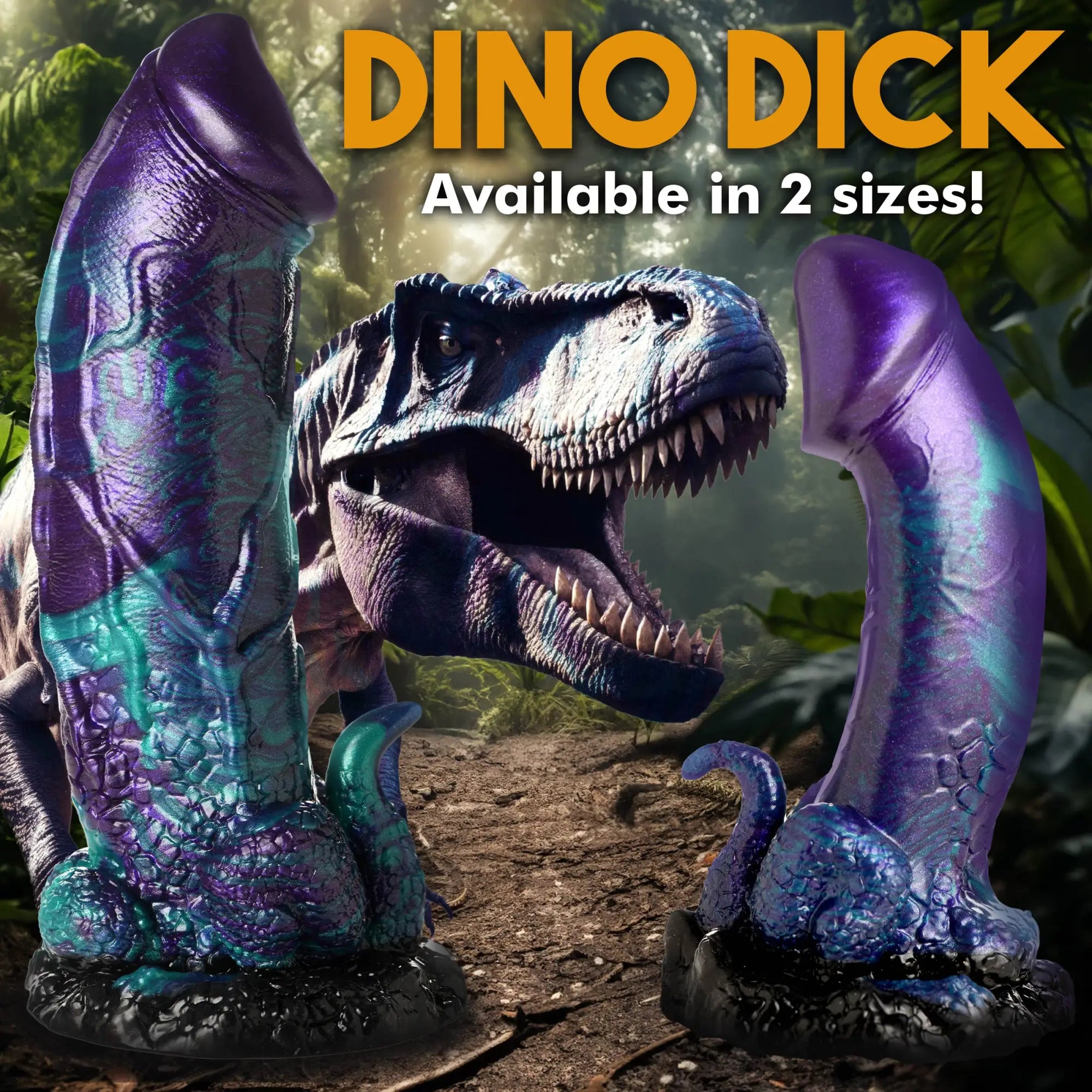 Creature Cocks Dino-Dick silicone dildo in purple and teal iridescent, textured dinosaur style, with a T-Rex background.