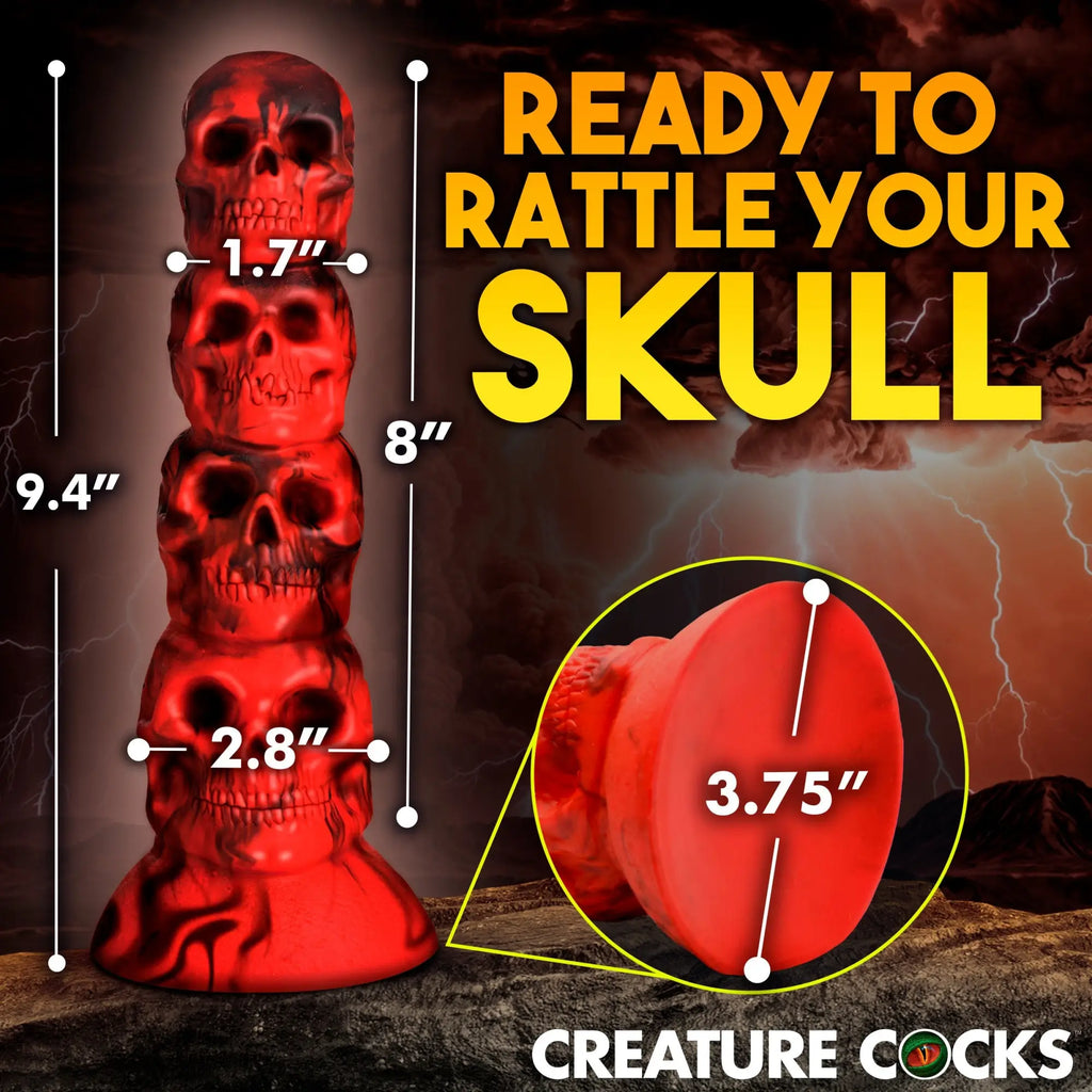 Creature Cocks Doom silicone dildo, a red and black stacked-skull design with suction cup base and measurement callouts.