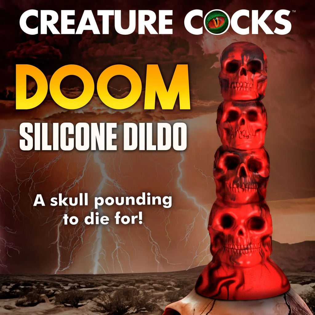 Creature Cocks Doom silicone dildo: a stack of red, skull-shaped segments against a stormy, lightning-filled background.