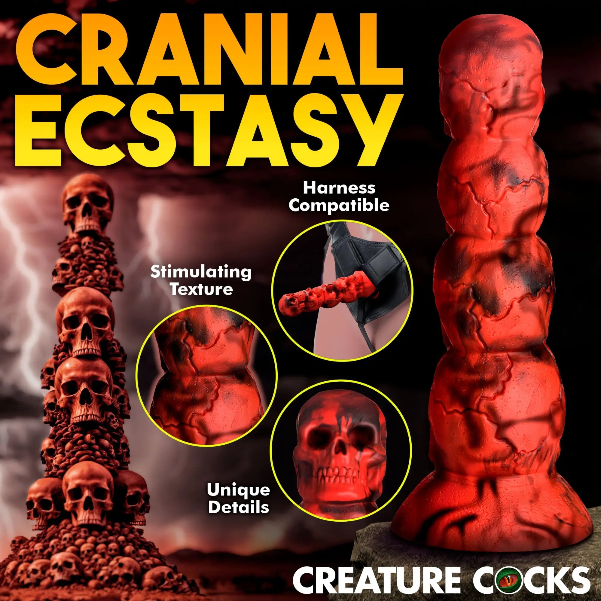 Creature Cocks Doom silicone dildo: a red and black, skull-textured, harness-compatible pleasure toy.