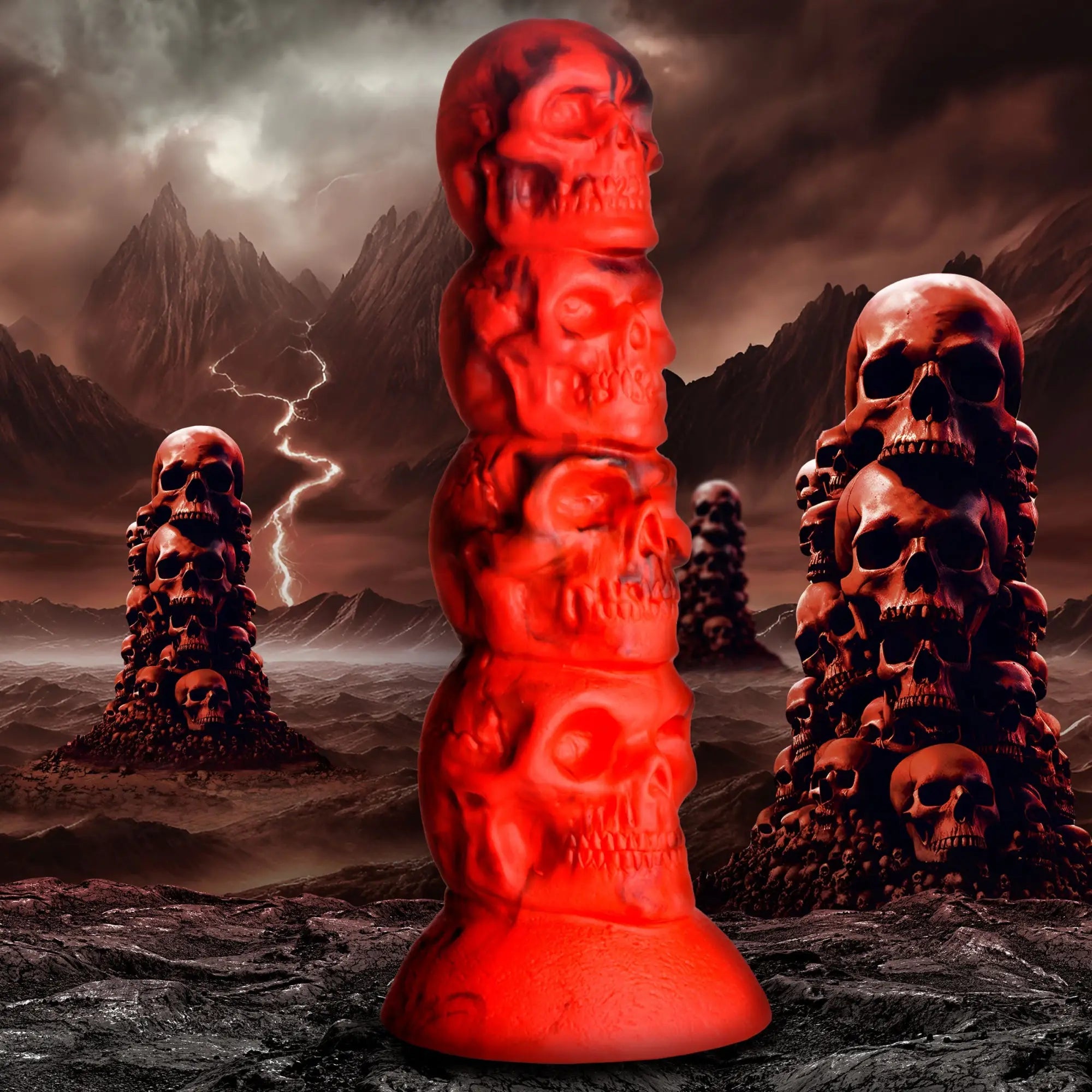 Creature Cocks Doom silicone dildo: a red, stackable skull-shaped design set against a dark, stormy mountain backdrop.