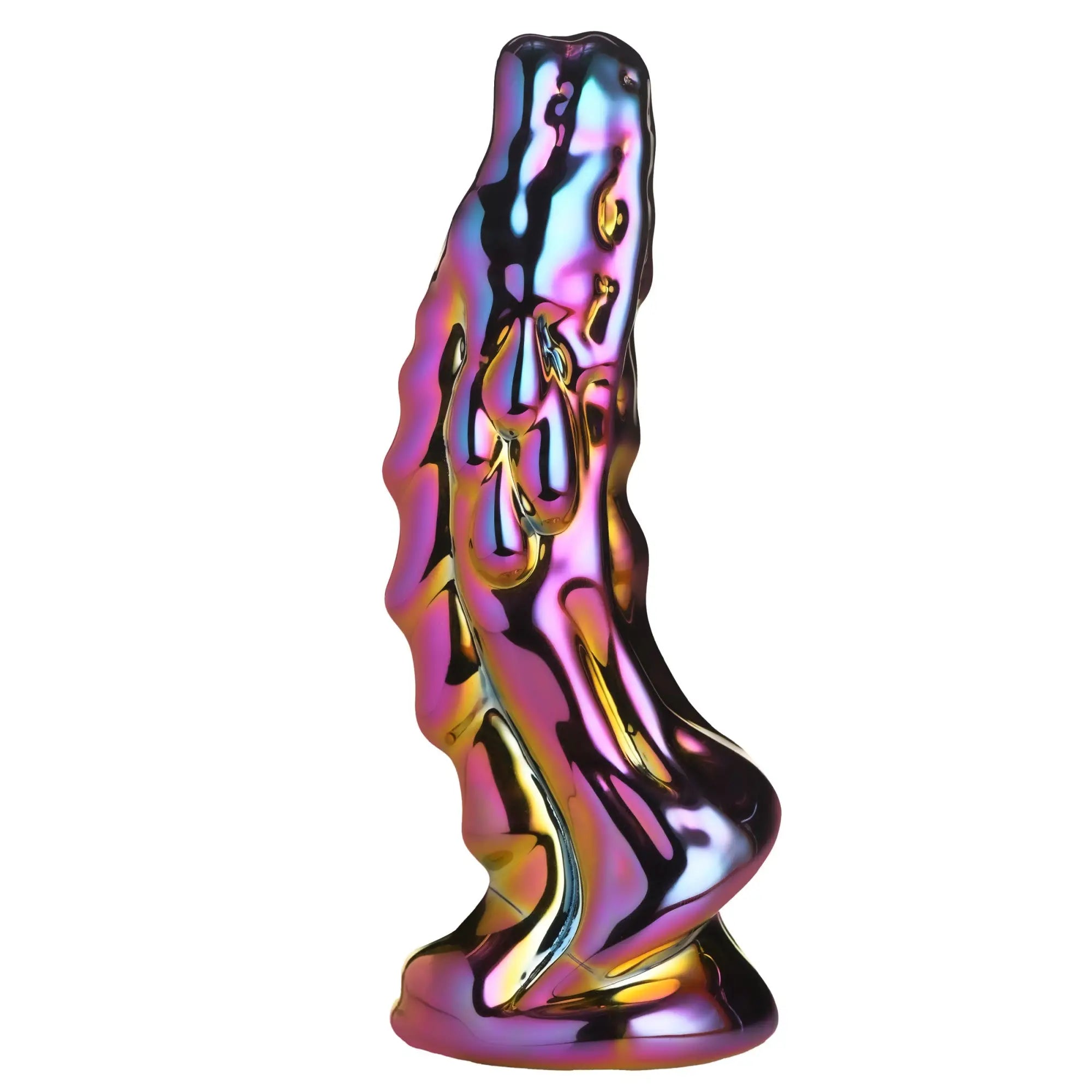 Creature Cocks Dragon Glass dildo featuring a metallic, iridescent rainbow finish and a sculpted, textured fantasy shape.