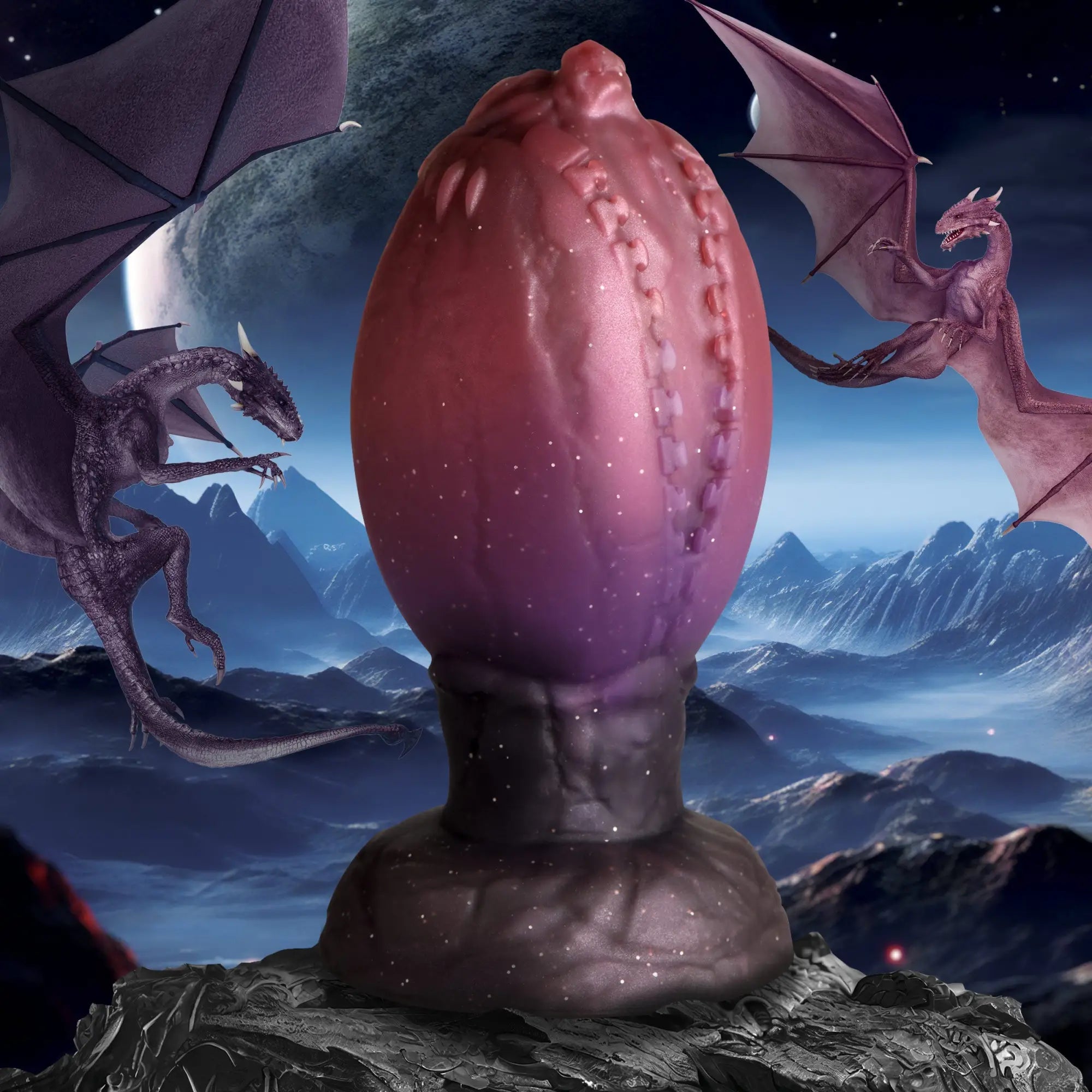 Creature Cocks Dragon Hatch silicone egg in a purple-to-black gradient with sparkles, set against a fantasy landscape.