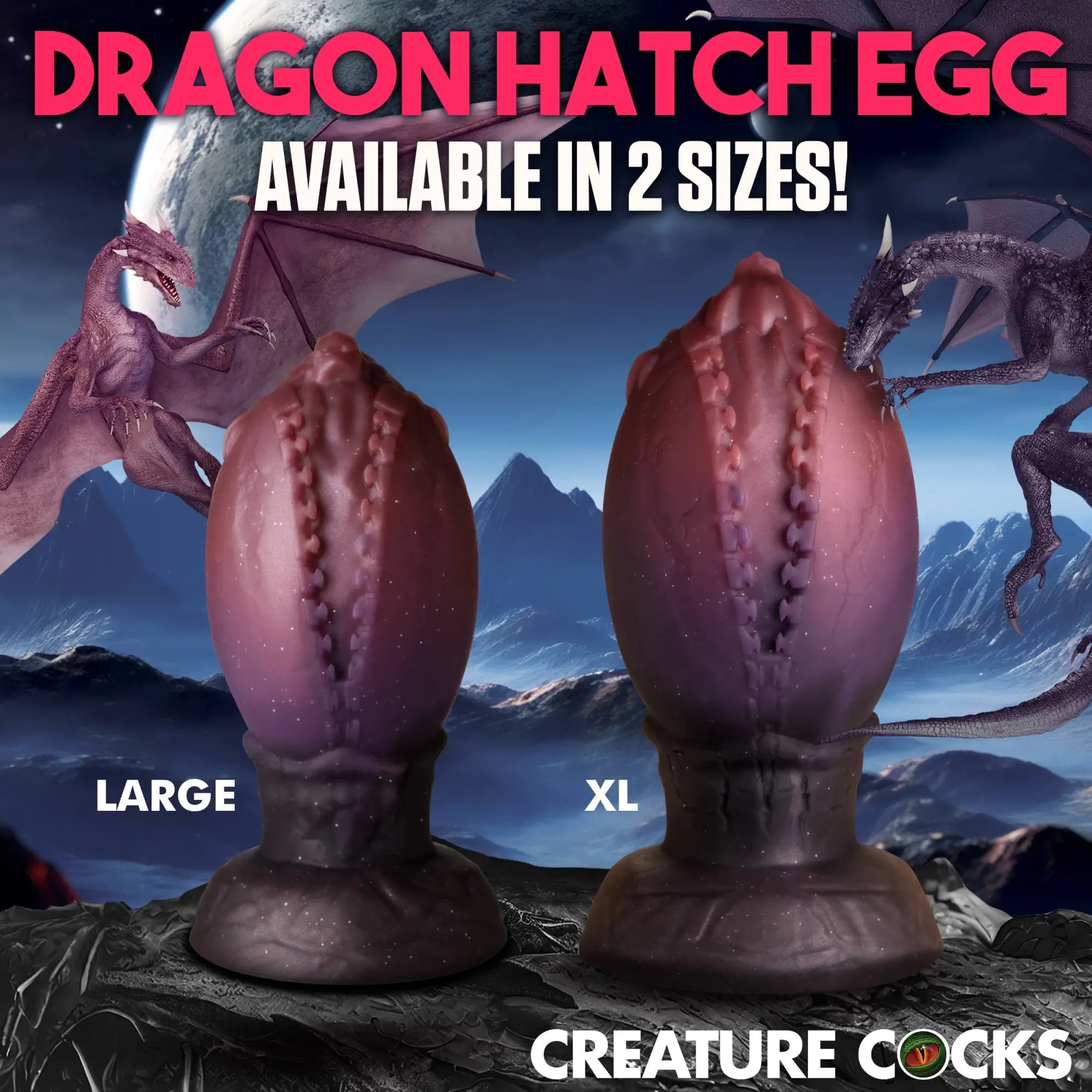 Creature Cocks Dragon Hatch silicone eggs in large and XL sizes, featured in dark purple with a textured, scaly design.