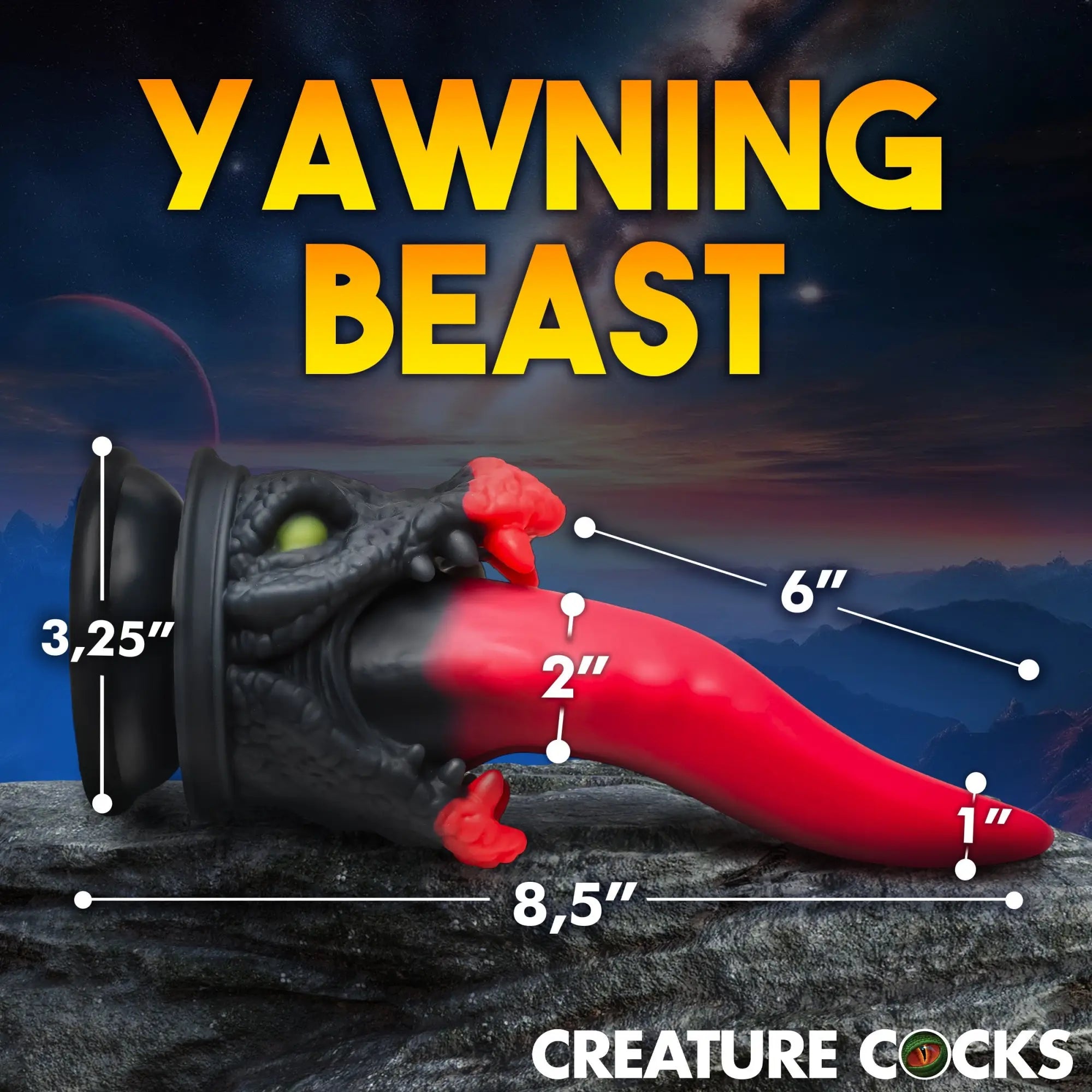 Creature Cocks Dragon Roar silicone dildo: a black textured dragon head with a long, red tongue and measurement labels.