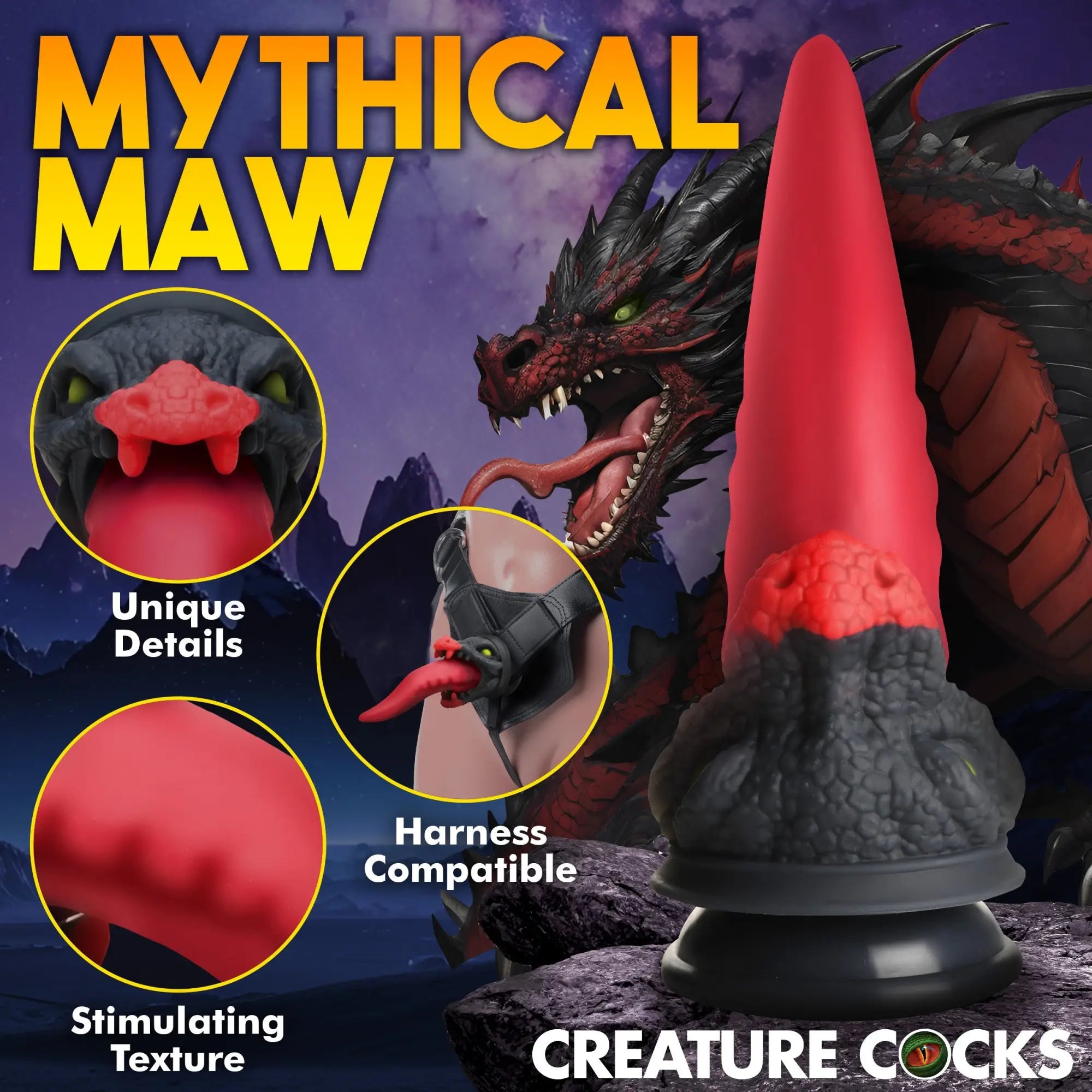 Creature Cocks Dragon Roar red and black textured silicone dildo with suction base, featured with dragon imagery.