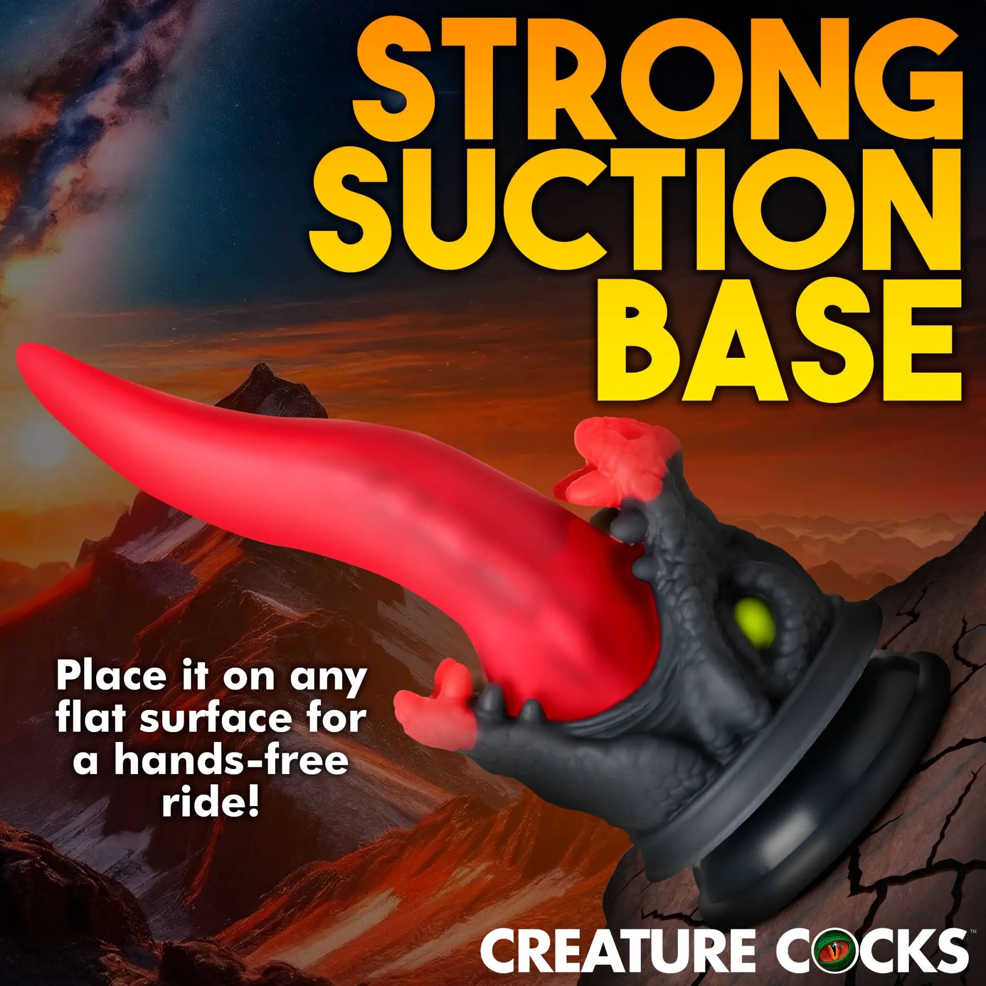 Creature Cocks Dragon Roar dildo: A red-tipped, black dragon-themed silicone toy with a strong suction base.