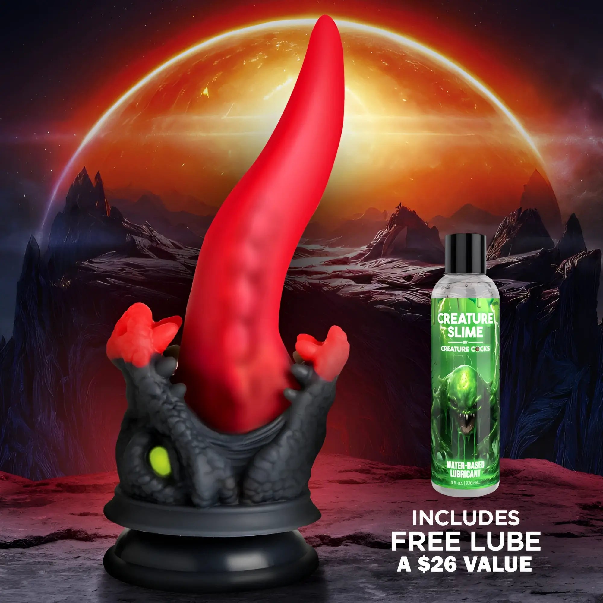 Creature Cocks Dragon Roar red silicone dildo with black textured base and a bottle of Creature Slime lubricant.